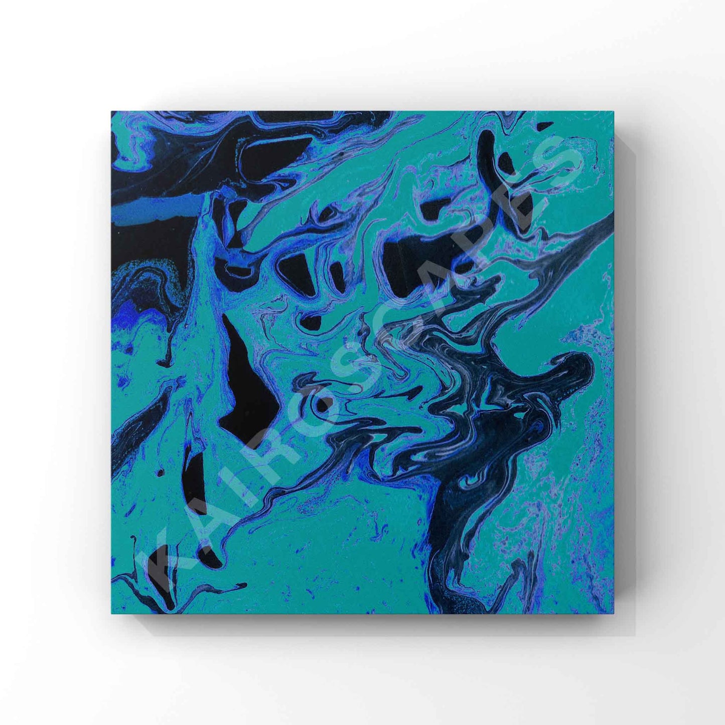 fluid abstract design combining rich blue and teal tones with deep black accents. the swirling, liquid textures make this artwork ideal for ambient, electronic, or lo-fi music covers.