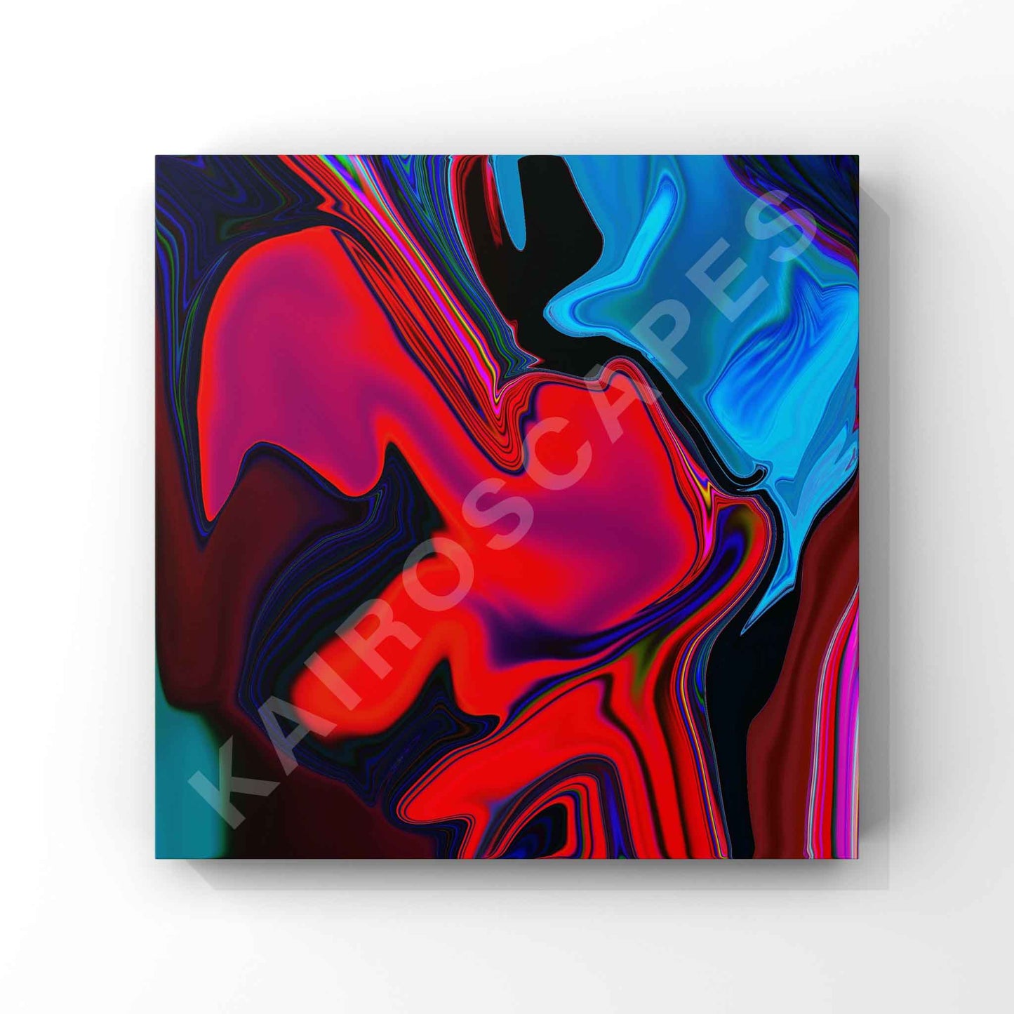 bold abstract design with swirling red, blue, and black shapes blending fluidly. the dynamic, colorful patterns create a striking visual, suited for electronic, industrial, or experimental music covers.