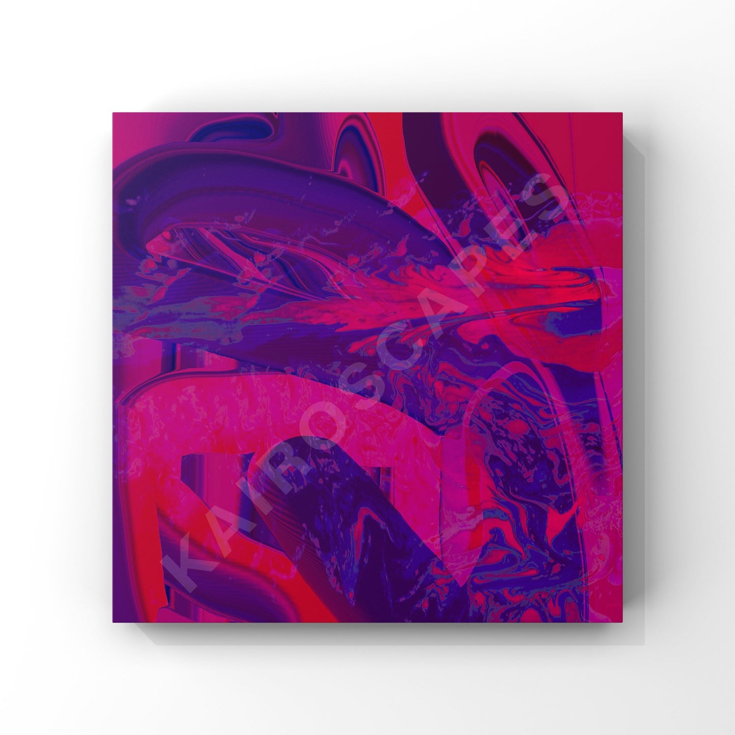 "Mockup of a cosmic-inspired print featuring an eye-catching digital collage of organic shapes in shades of pink and purple, appealing to techno artists looking for distinctive branding and artwork."