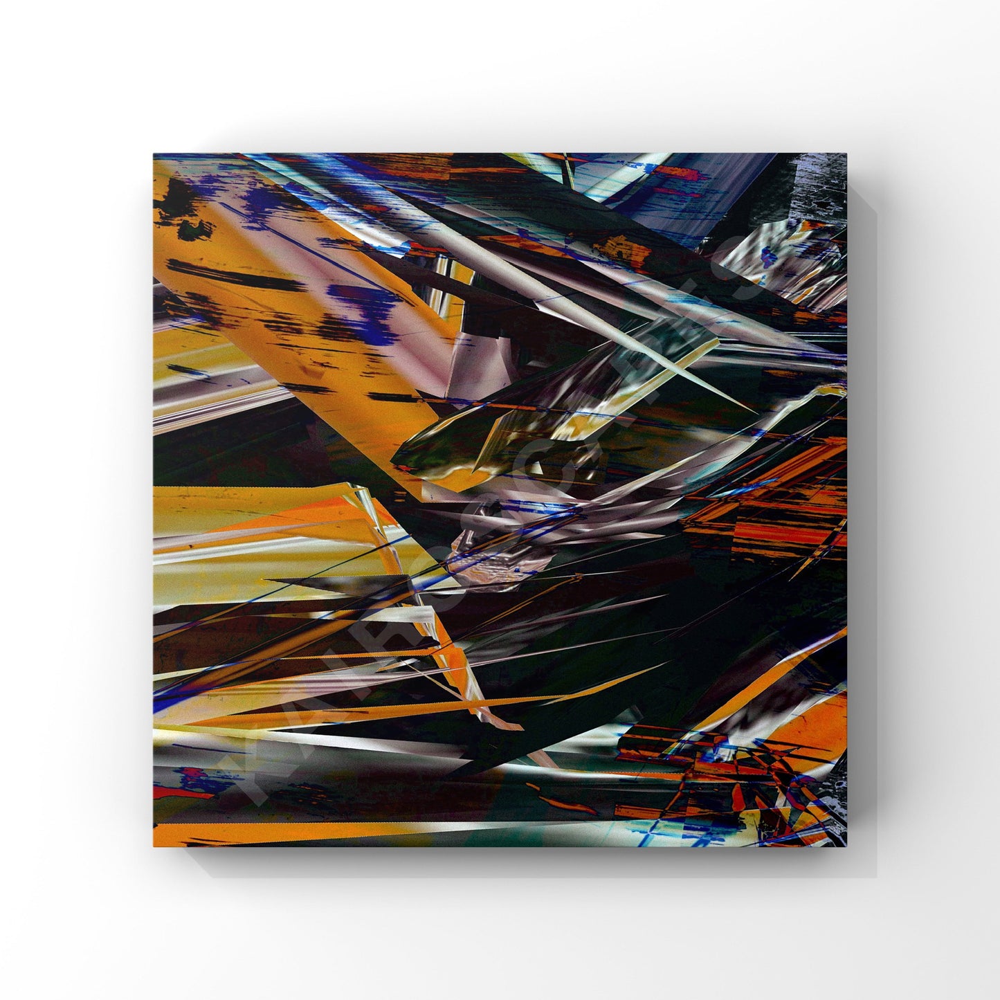 Square mockup of cover art featuring a compelling futuristic jagged orange collage, intended for musicians looking for unique and eye-catching cover designs.