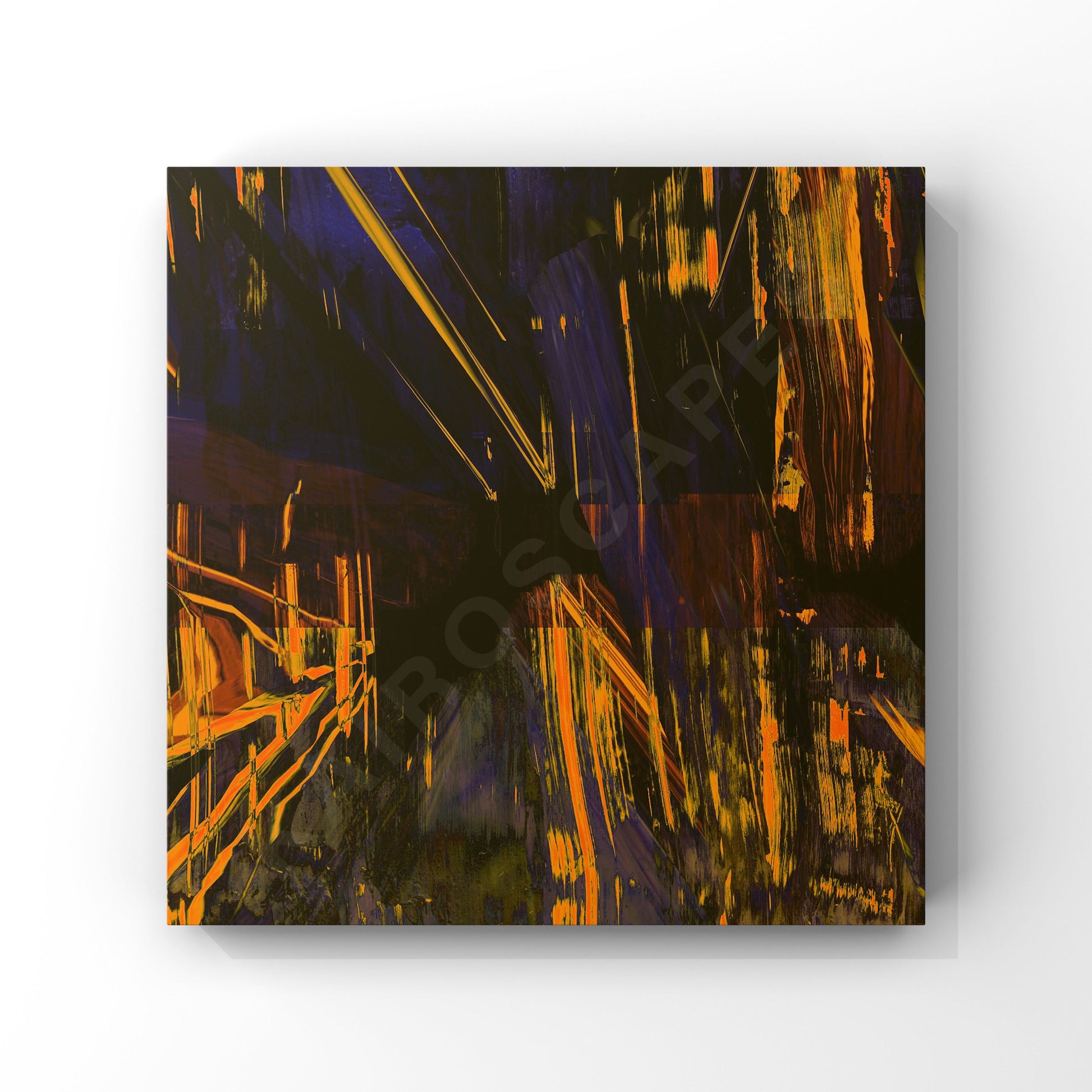 ‘Mockup of a white-framed print showcasing grunge abstract painting with dark blue and yellow paint strokes, appealing to musicians in need of cover art."