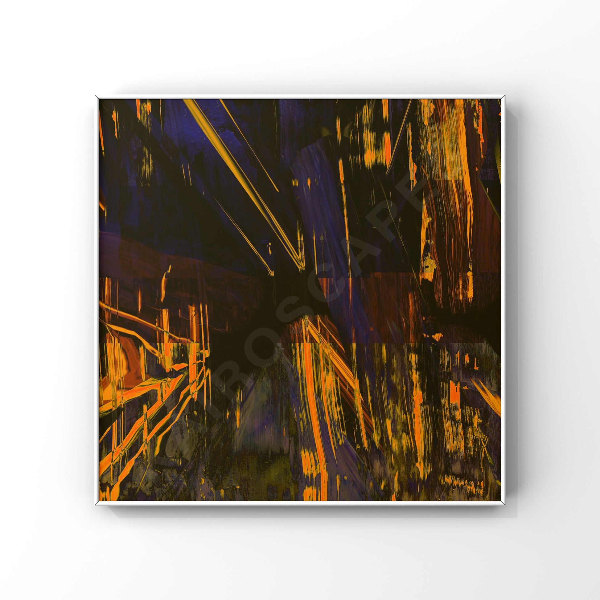 "Square mockup of cover art displaying grunge abstract artwork featuring dark blue and yellow paint strokes, intended for musicians looking for unique cover designs."