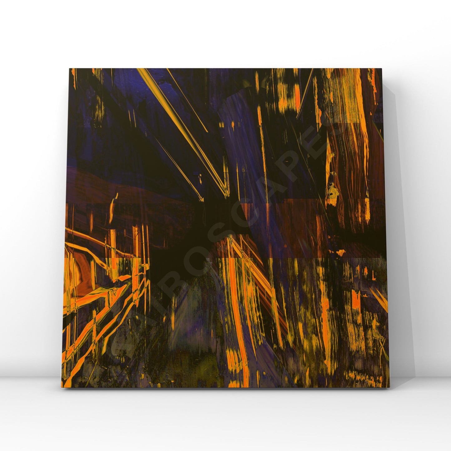 "Mockup of a vinyl record cover featuring grunge abstract artwork with dark blue and yellow paint strokes, designed to attract musicians seeking cover art."