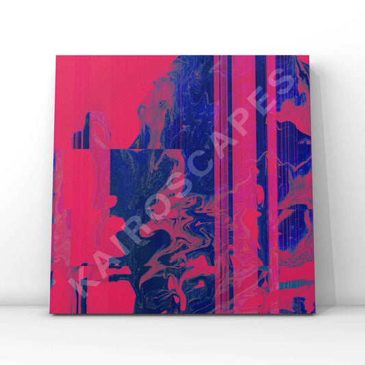 Mockup of a vinyl record cover featuring vibrant bright pink and blue glitch art, designed to attract musicians seeking a bold and contemporary cover design.