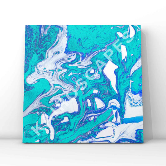 swirling turquoise and white patterns against a deep teal background with fluid motion and abstract forms combining into a modern design