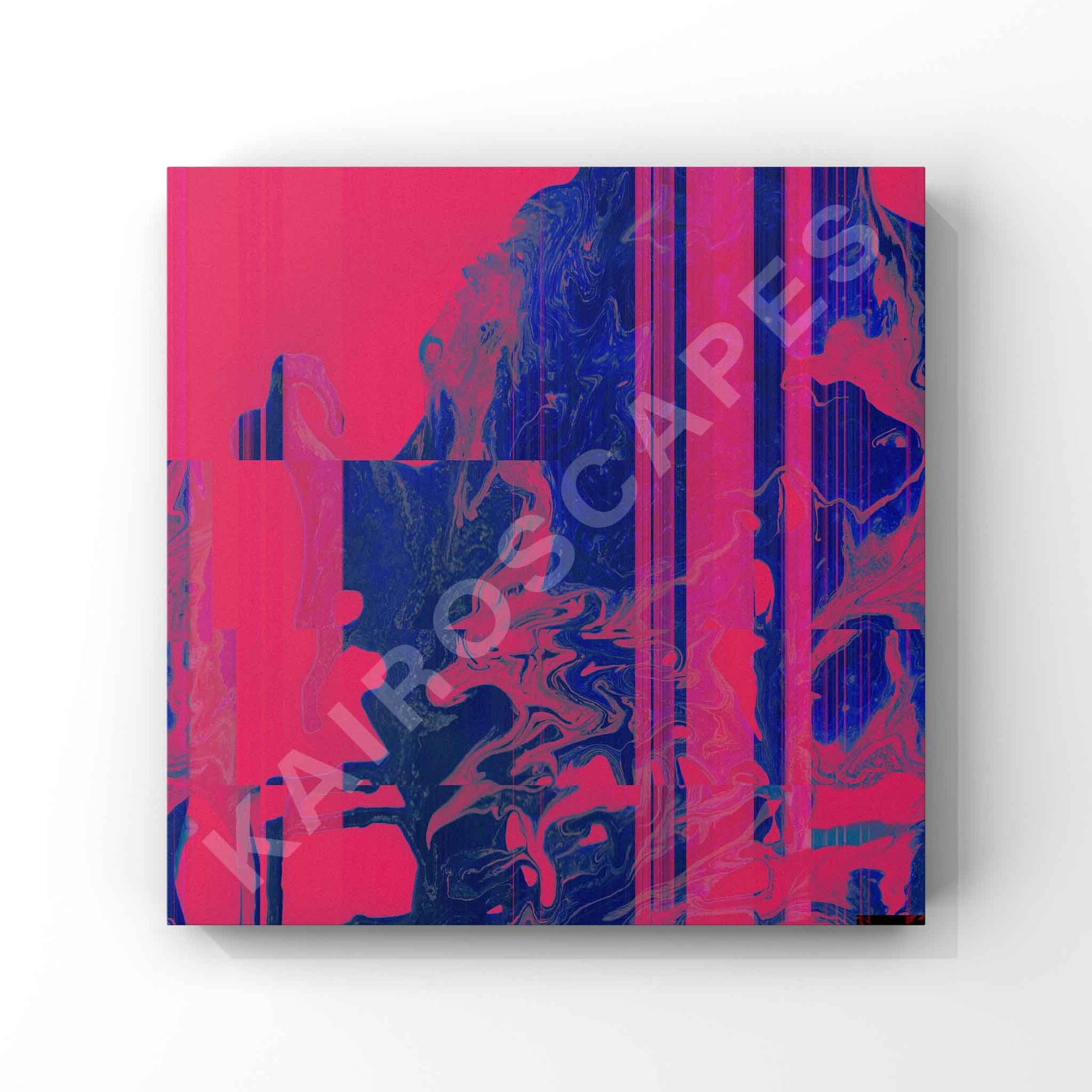 Square mockup of cover art showcasing an eye-catching bright pink and blue glitch design, intended for musicians looking for distinctive and energetic cover designs.