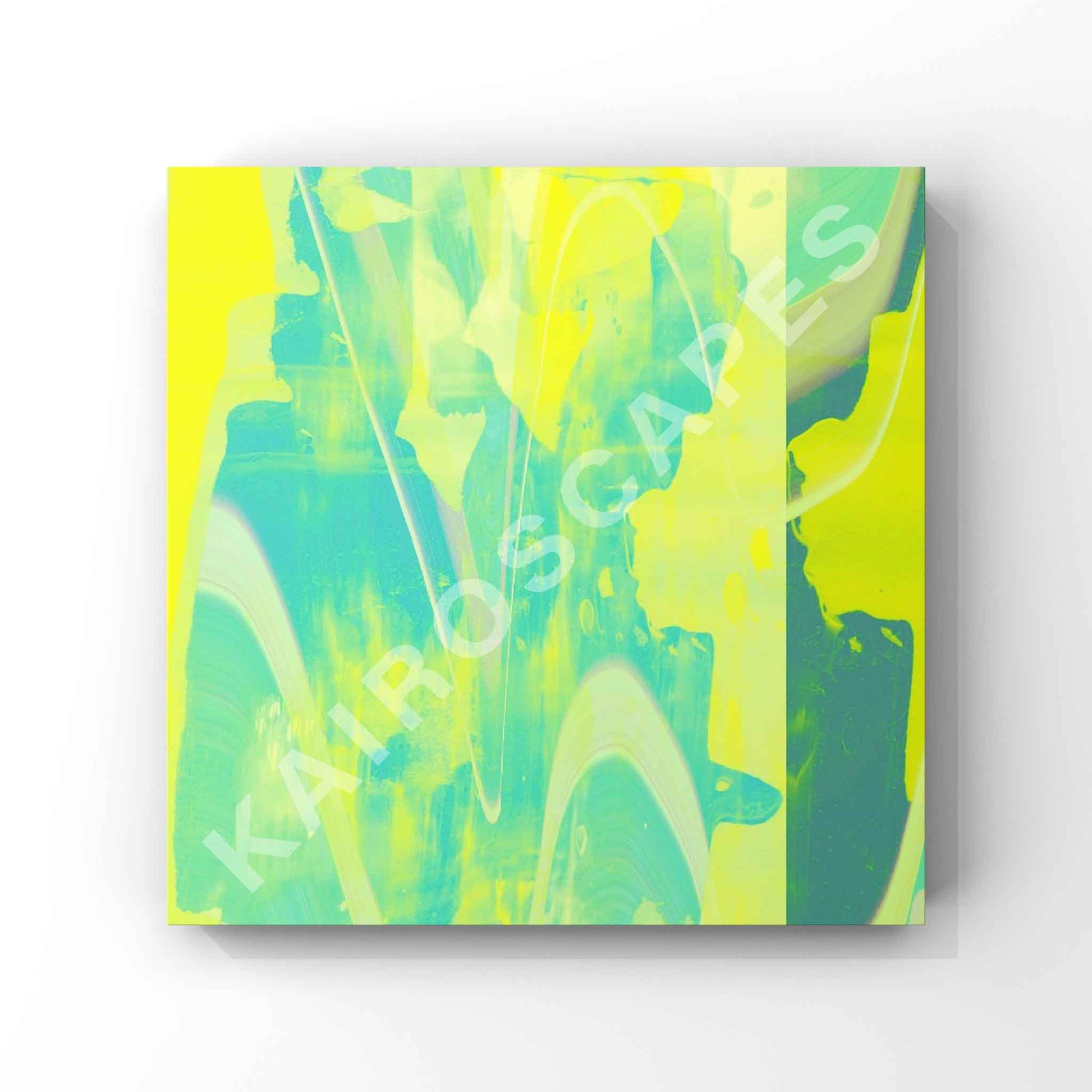 Square mockup of cover art showcasing an intriguing yellow and green digital wave pattern, intended for musicians looking for distinctive and contemporary cover designs.