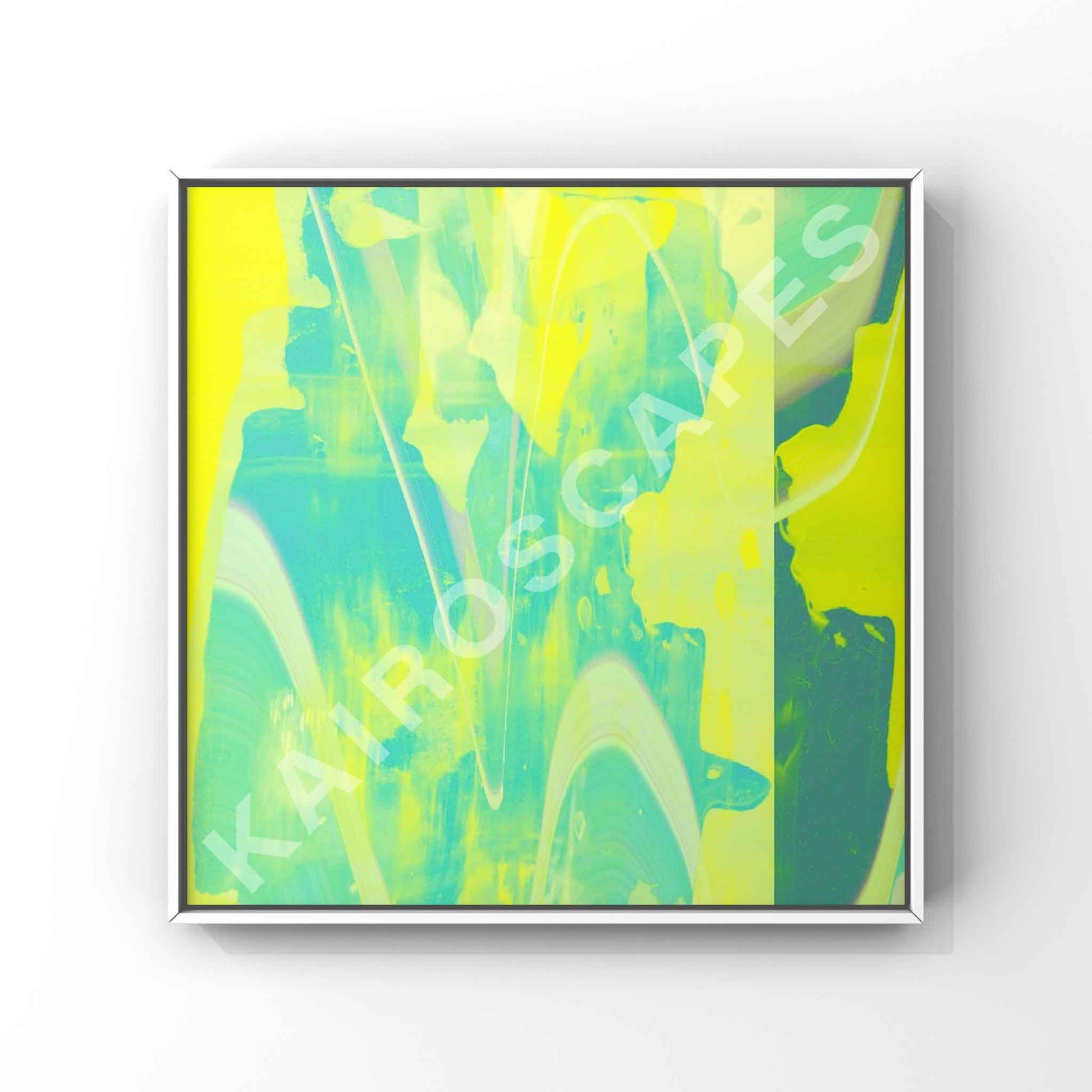 Mockup of a stylish white-framed print displaying a lively yellow and green digital wave artwork, appealing to musicians in need of unique and visually engaging representations for their music.