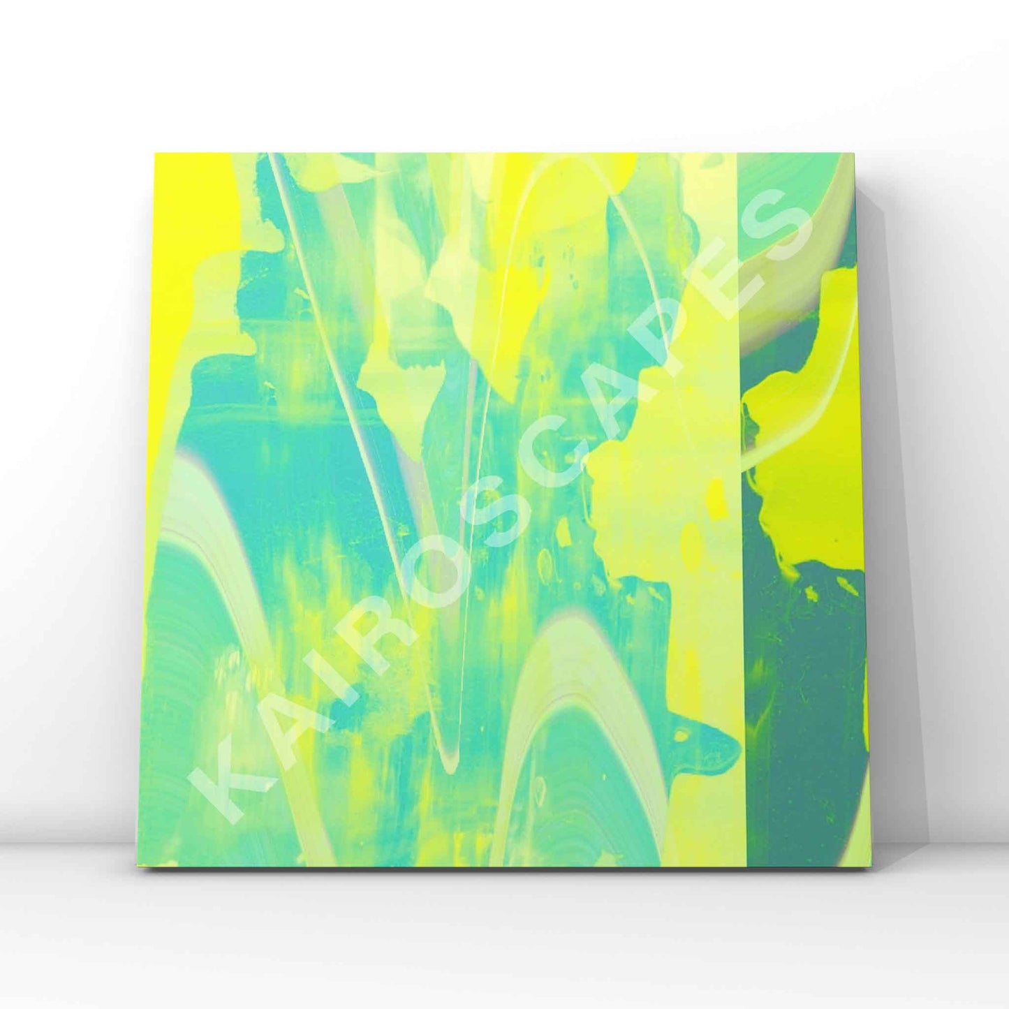 Mockup of a vinyl record cover featuring a vibrant yellow and green digital wave design, designed to attract musicians seeking a fresh and modern cover design.