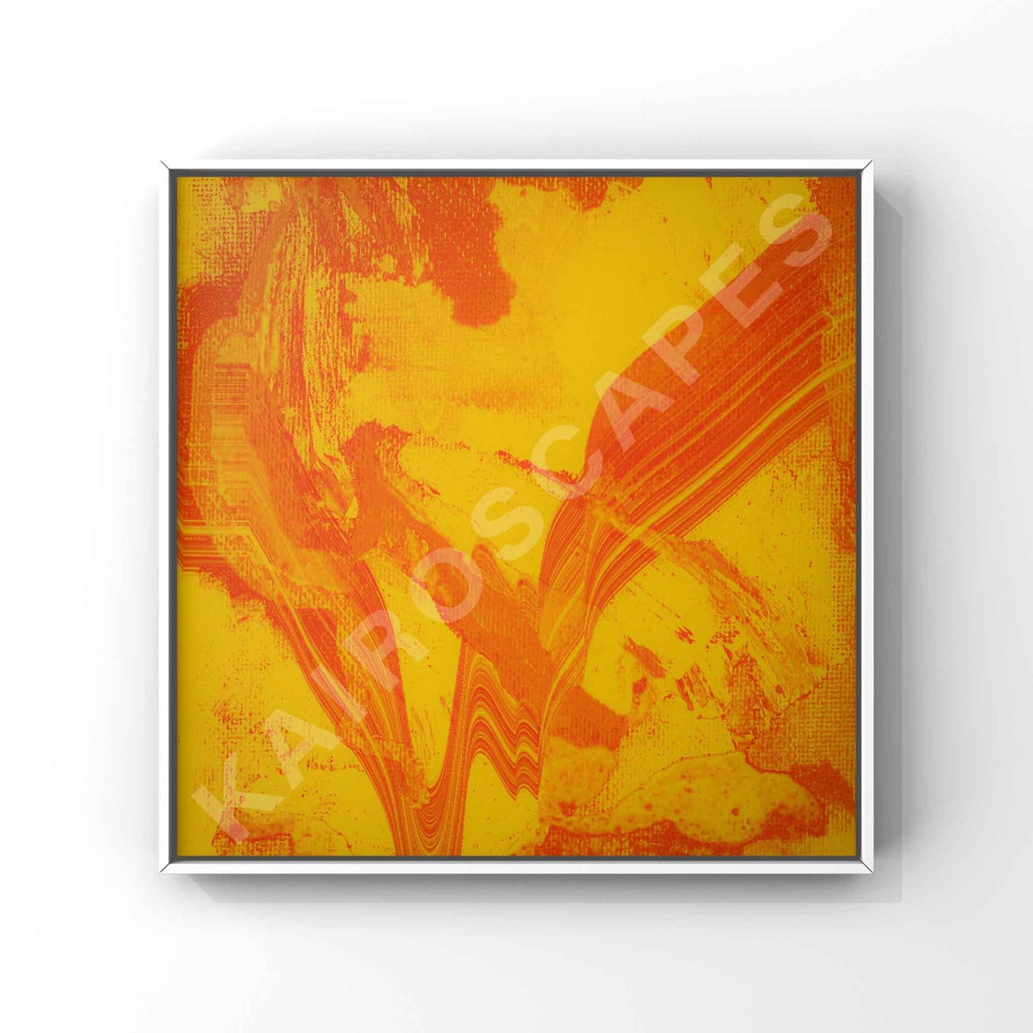 Mockup of a sleek white-framed print displaying an energetic yellow and orange digital glitch artwork, appealing to jazz producers in need of unique and visually stimulating representations for their sound.