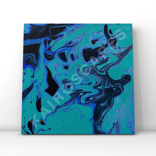 abstract artwork featuring swirling patterns of deep blue and teal with black accents. the flowing, liquid-like design creates a fluid and organic aesthetic, ideal for ambient, electronic, or chillout music covers.