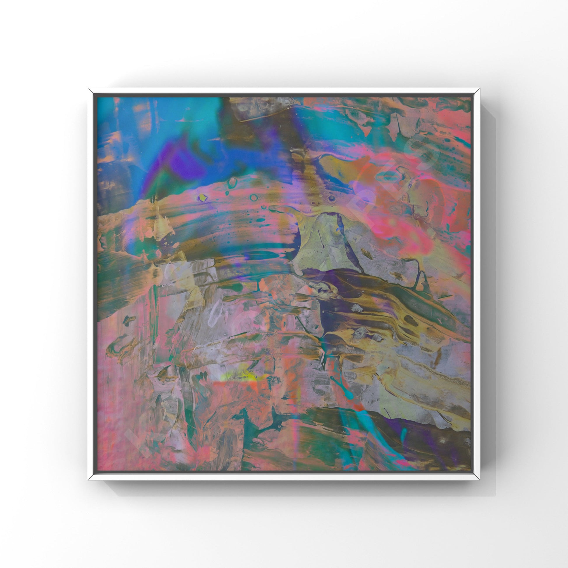 mockup of a white-framed print displaying captivating pastel reflective abstract paint design, appealing to musicians in need of unique and creative visual representations for their music.