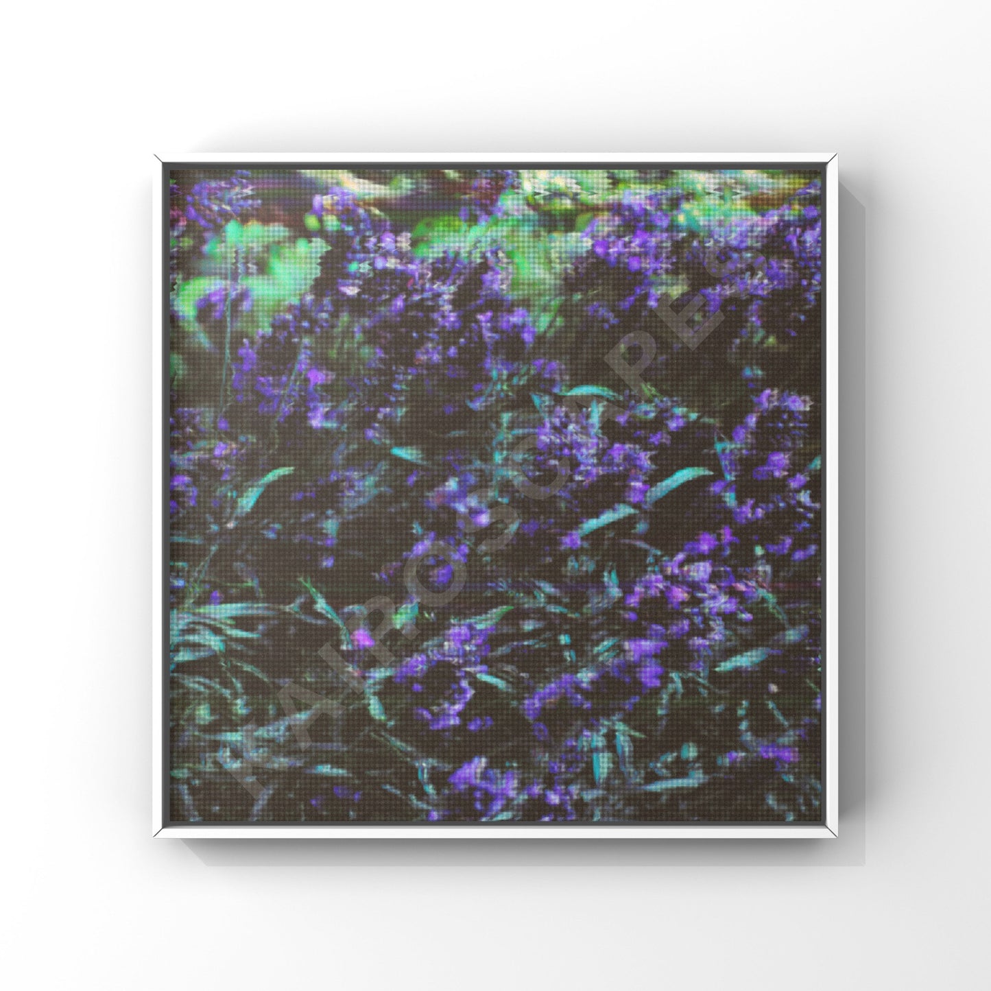 Square mockup of cover art showcasing a captivating pixelated pattern of purple flowers surrounded by greenery, intended for musicians looking for modern and creative cover designs that resonate with their artistic vision.