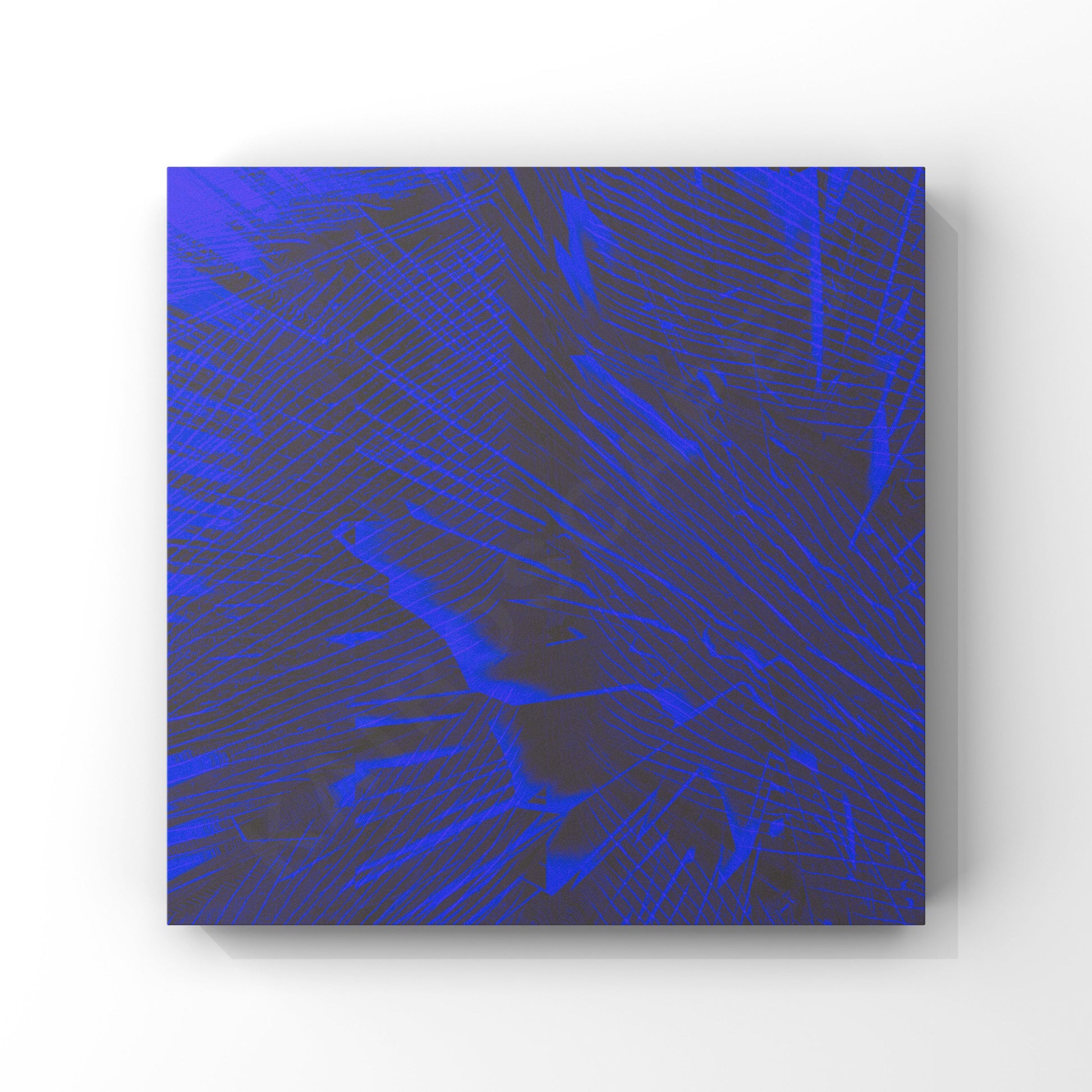 abstract composition blending vivid blue and black, with angular lines and a sense of rapid motion. suited for modern music cover designs in electronic, industrial, or experimental genres.