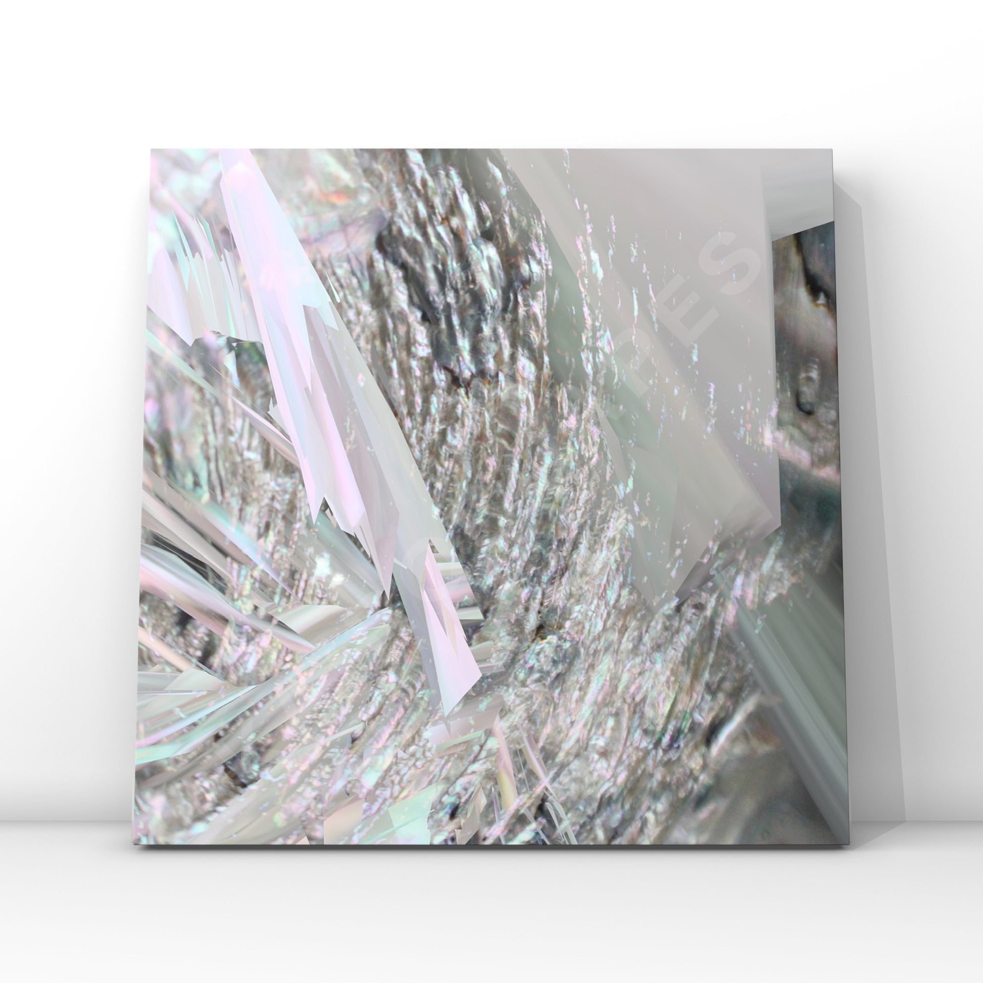 mockup of a vinyl record cover showcasing captivating pearlescent shell collage artwork, designed to attract musicians seeking serene and elegant cover art.