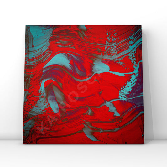 "Mockup of a vinyl record cover featuring abstract painted swirl digital art in dark red and cyan blue, designed to attract music producers seeking cover art."