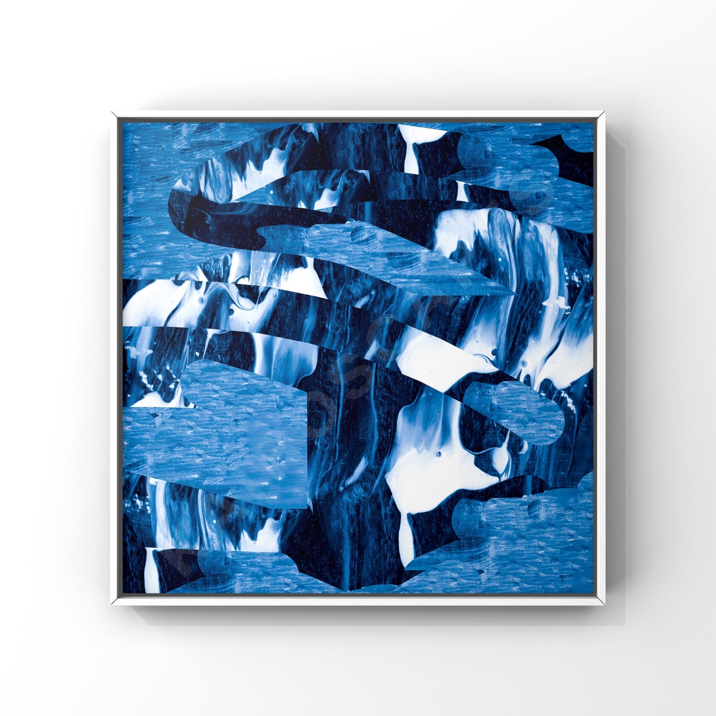 "Mockup of a white-framed print showcasing textural glitch abstract painting in dark blue, appealing to musicians in need of cover art."