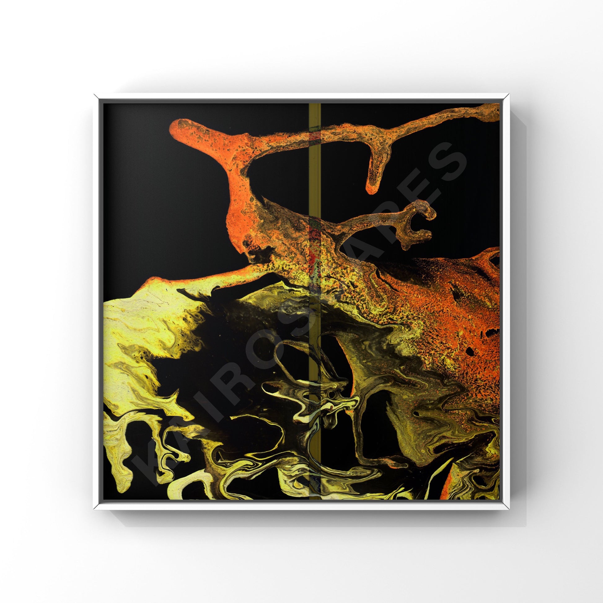 mockup of a white-framed print showcasing an eye-catching abstract drip art piece with vibrant orange and green hues, appealing to musicians in need of distinctive cover art.