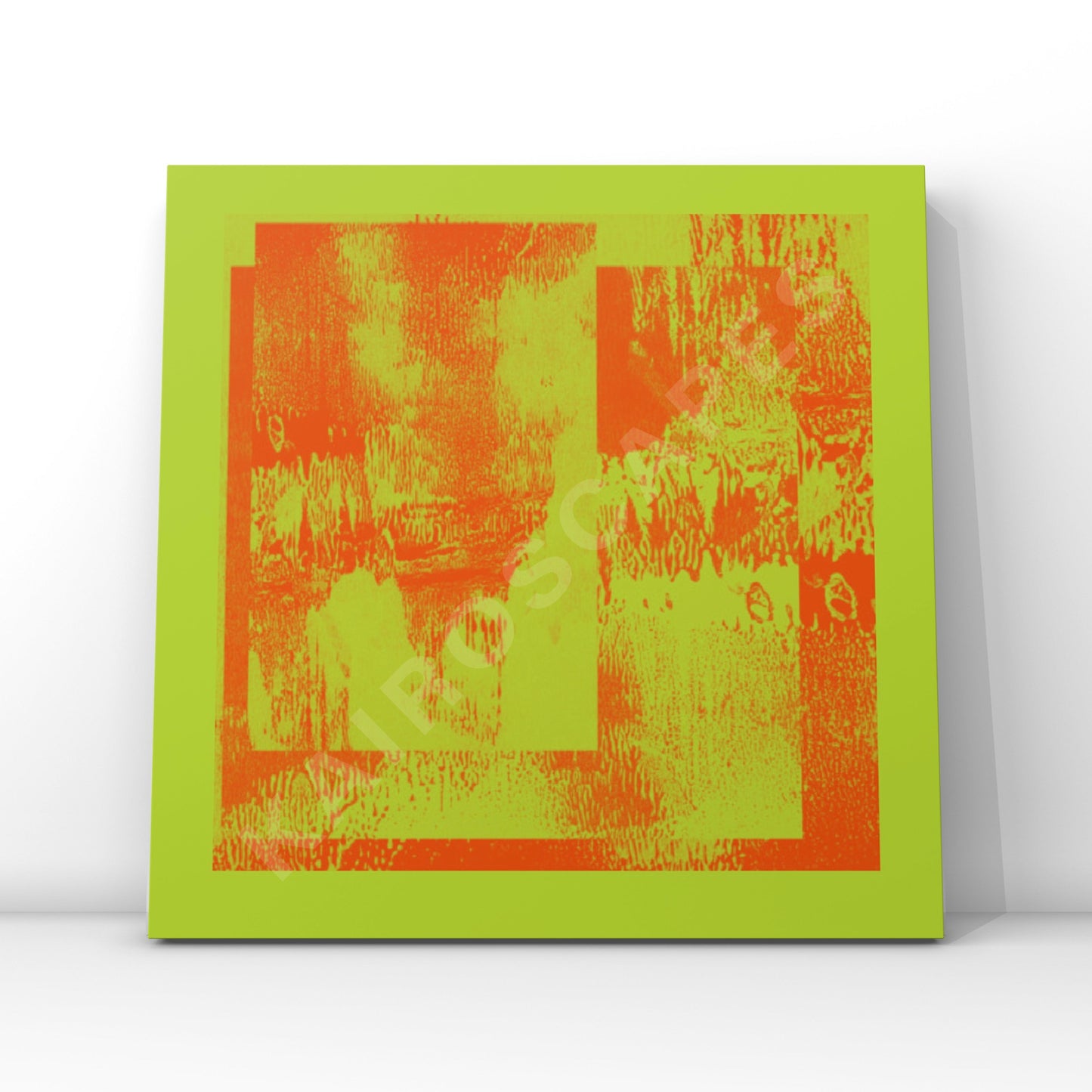 mockup of a vinyl record cover featuring a lively neon green and orange monoprint collage, designed to attract musicians seeking unique cover art.