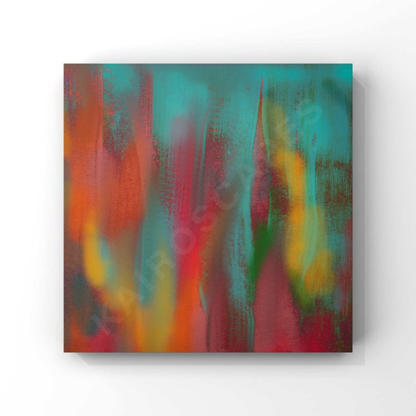 abstract composition with a fusion of warm and cool tones, blending orange, red, green, and turquoise. the dynamic yet soothing color palette makes it perfect for ambient, electronic, or chillout music covers.