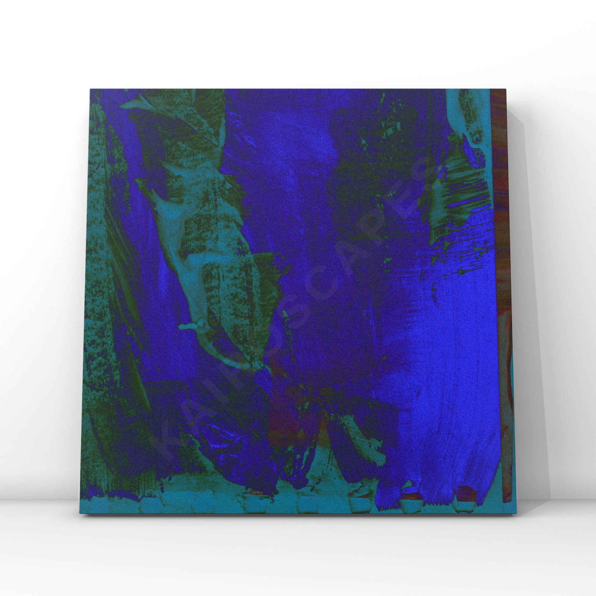 "Mockup of a vinyl record cover featuring abstract digital and painted artwork in emerald green and purple with broad brush strokes."