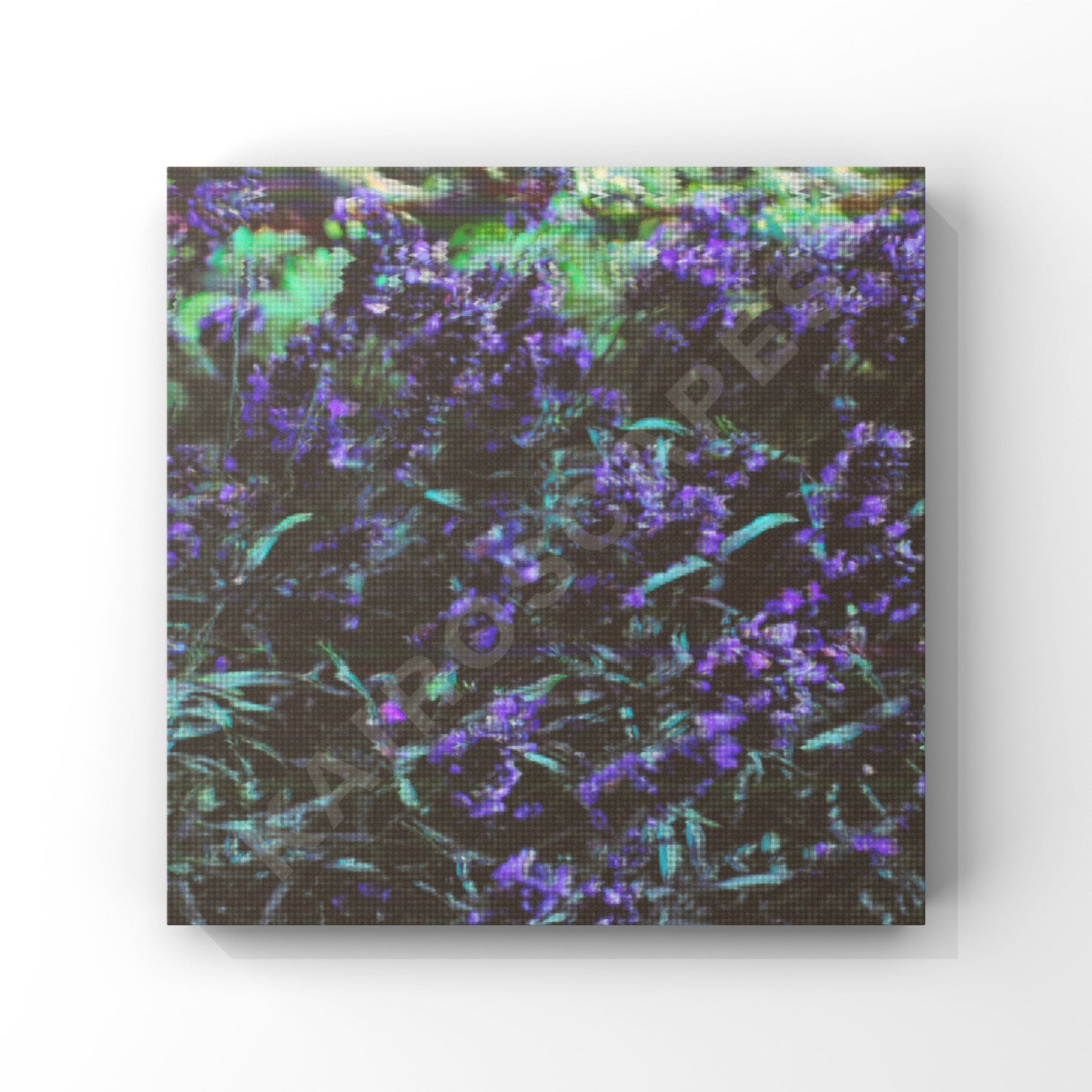 Mockup of a sleek white-framed print displaying an engaging pixelated artwork of purple flowers in nature, appealing to musicians in need of distinctive and visually interesting representations for their tracks.