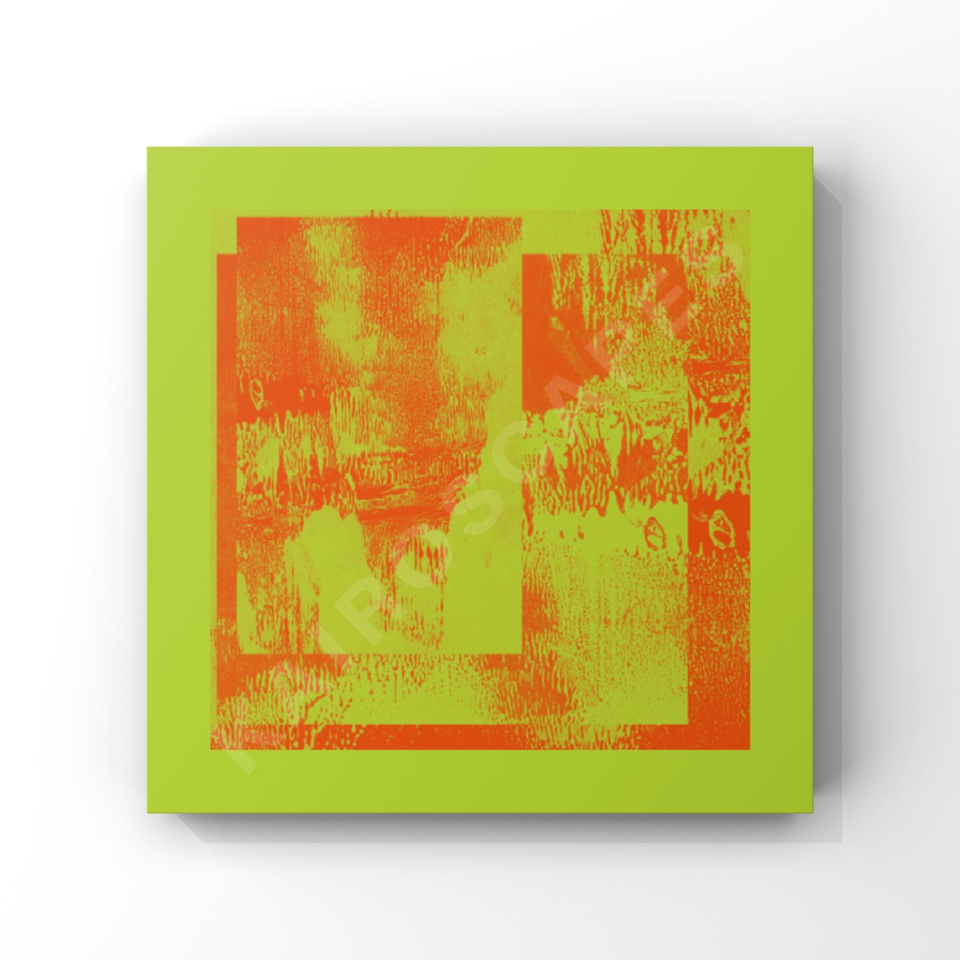 square mockup of cover art displaying a neon green and orange monoprint collage, intended for musicians looking for innovative cover designs.