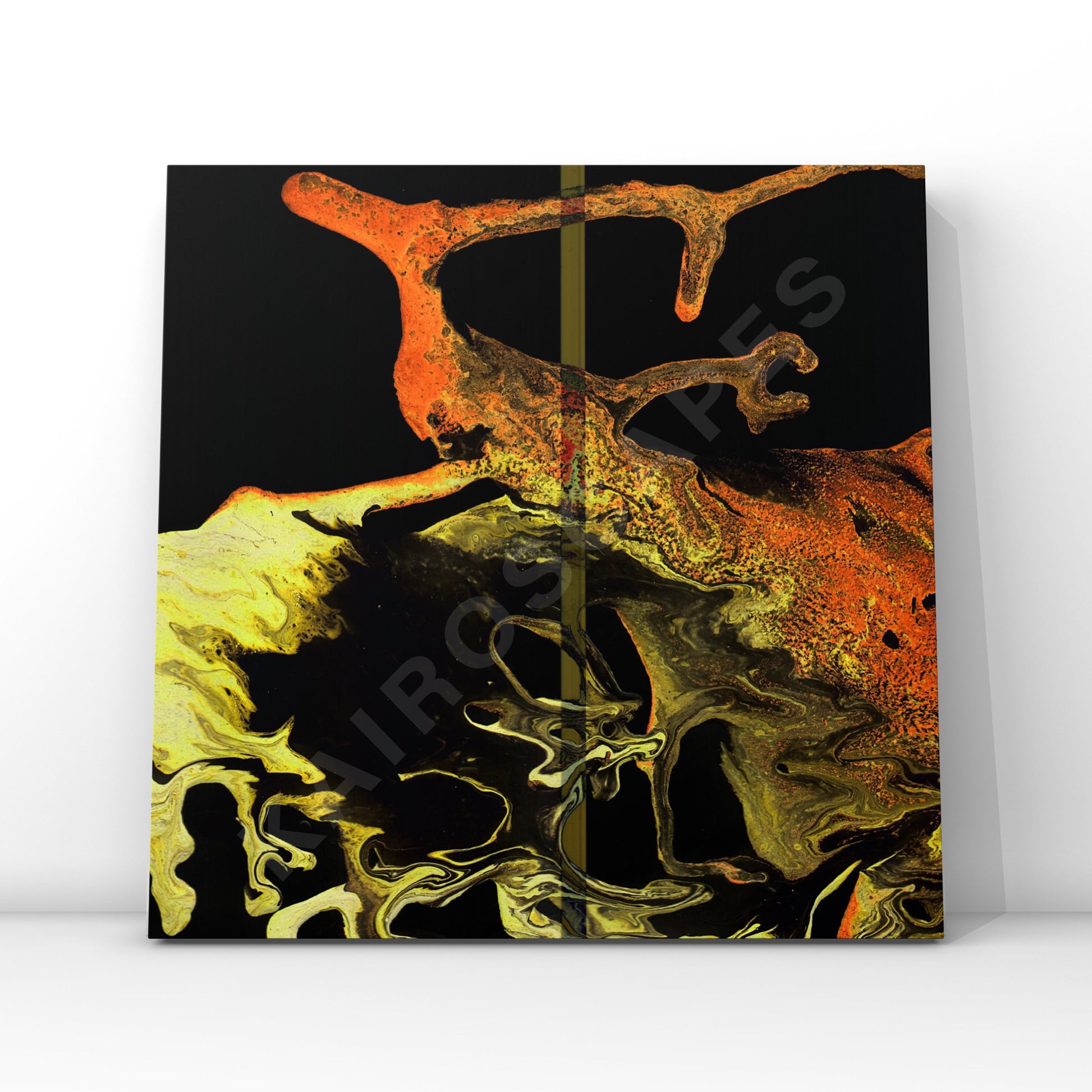 mockup of a vinyl record cover featuring a captivating abstract drip design with orange and green colors, designed to attract musicians seeking unique cover art.