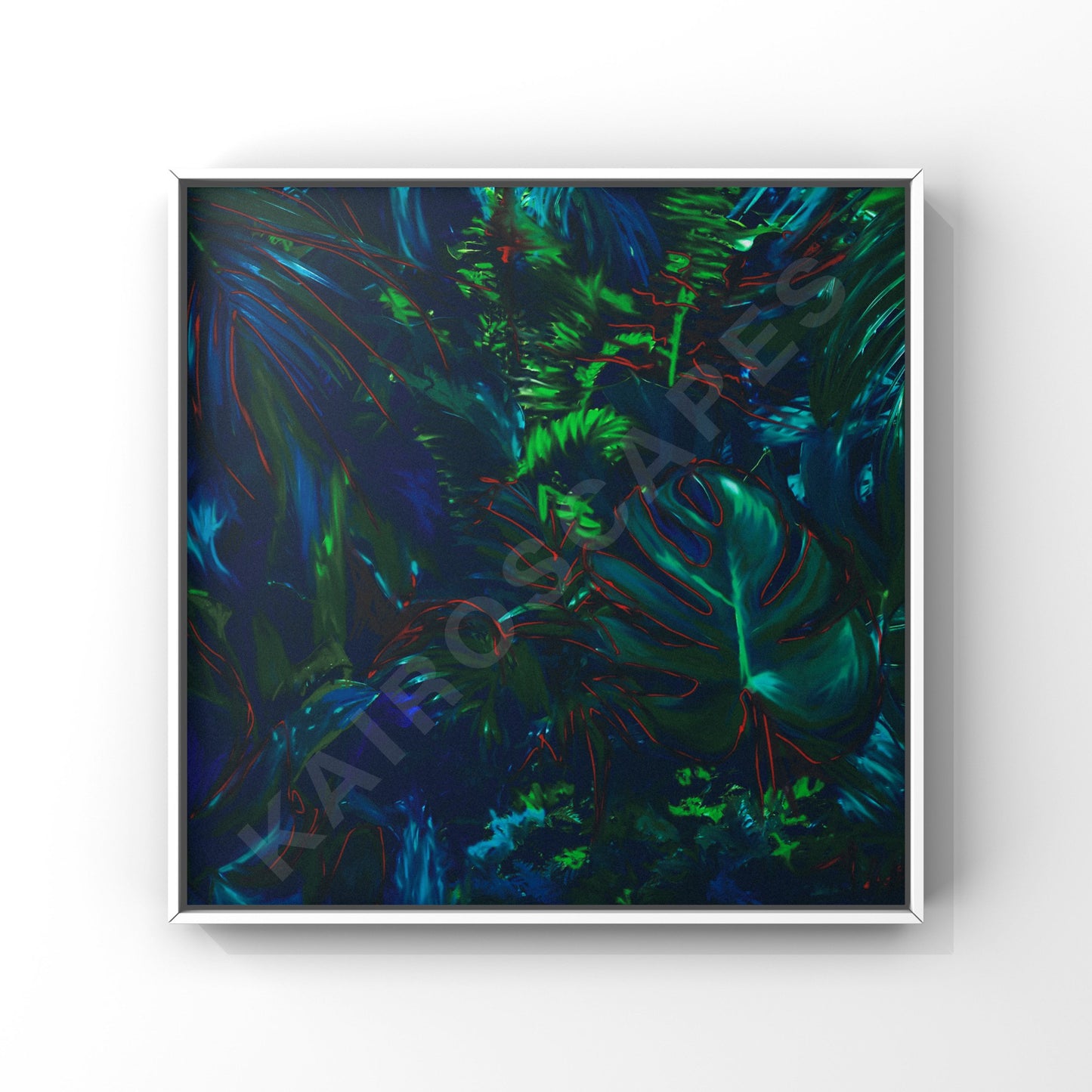 Mockup of a white-framed print displaying captivating blue jungle illustration, appealing to musicians in need of dynamic and nature-inspired visual representations for their music.