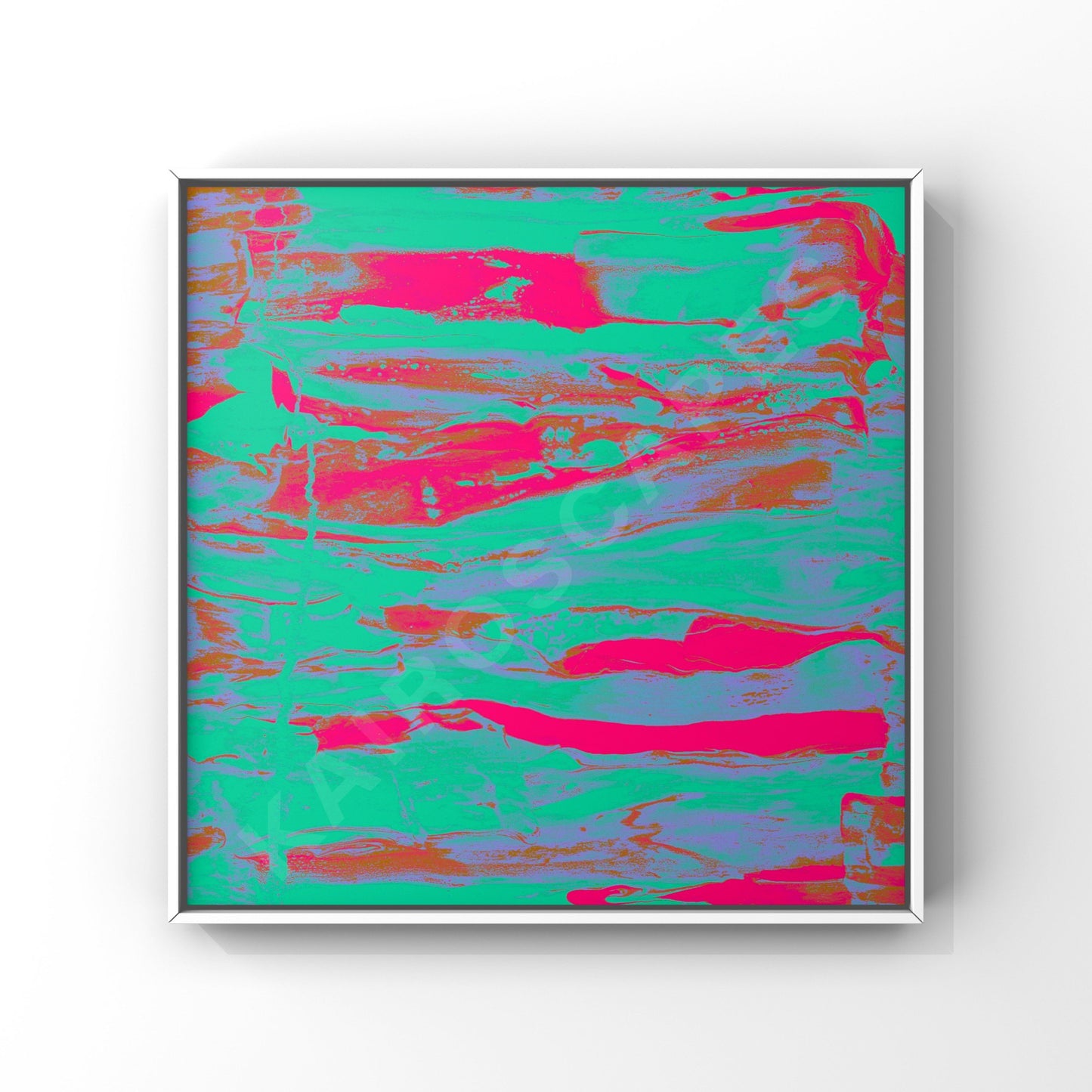 mockup of a white-framed print displaying dynamic neon pink and green fluid patterns, appealing to musicians in need of unique and modern visual representations for their music.