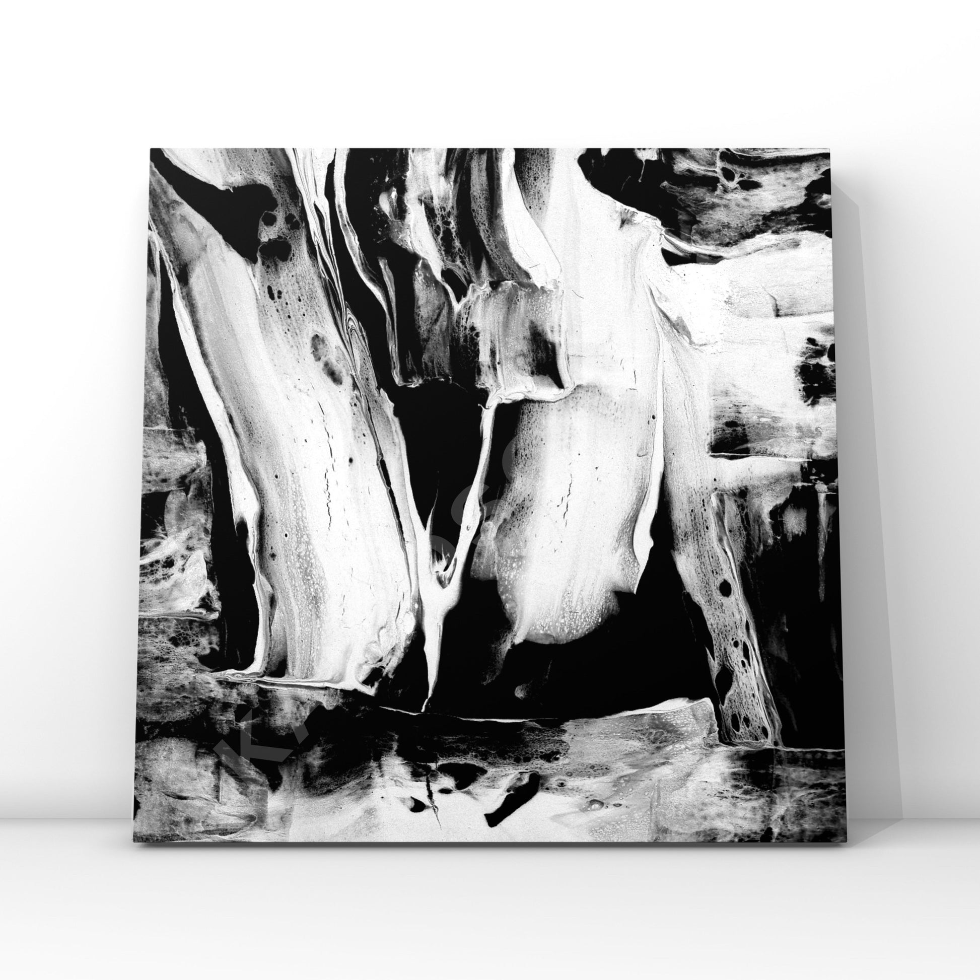 Abstract album cover art with stark black and white fluid strokes that evoke a sense of dark, deep movement, ideal for techno and experimental music. The dynamic forms and textured contrasts suggest a mysterious and immersive auditory experience.