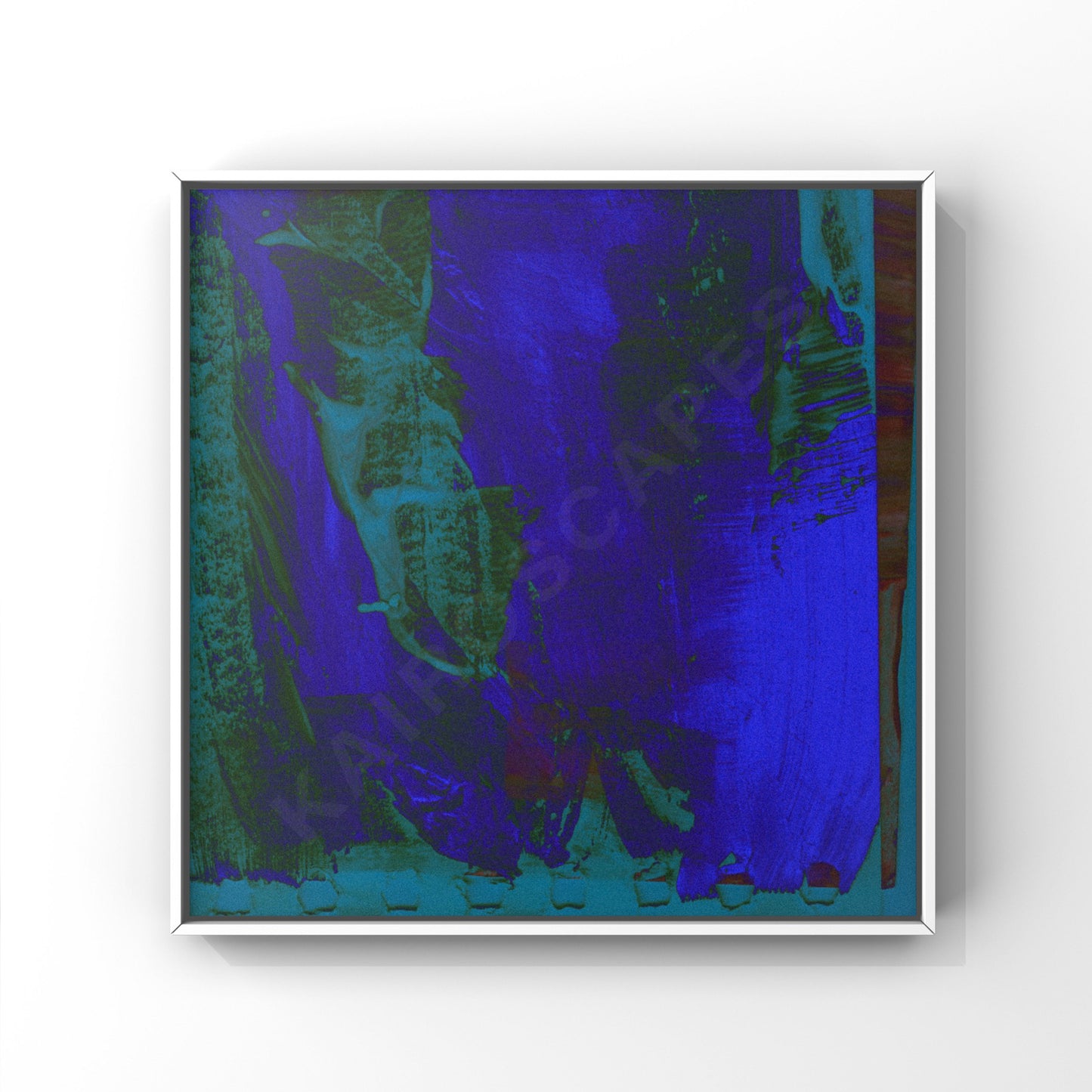 "Mockup of a white-framed print featuring abstract digital and painted artwork in emerald green and purple with broad brush strokes."