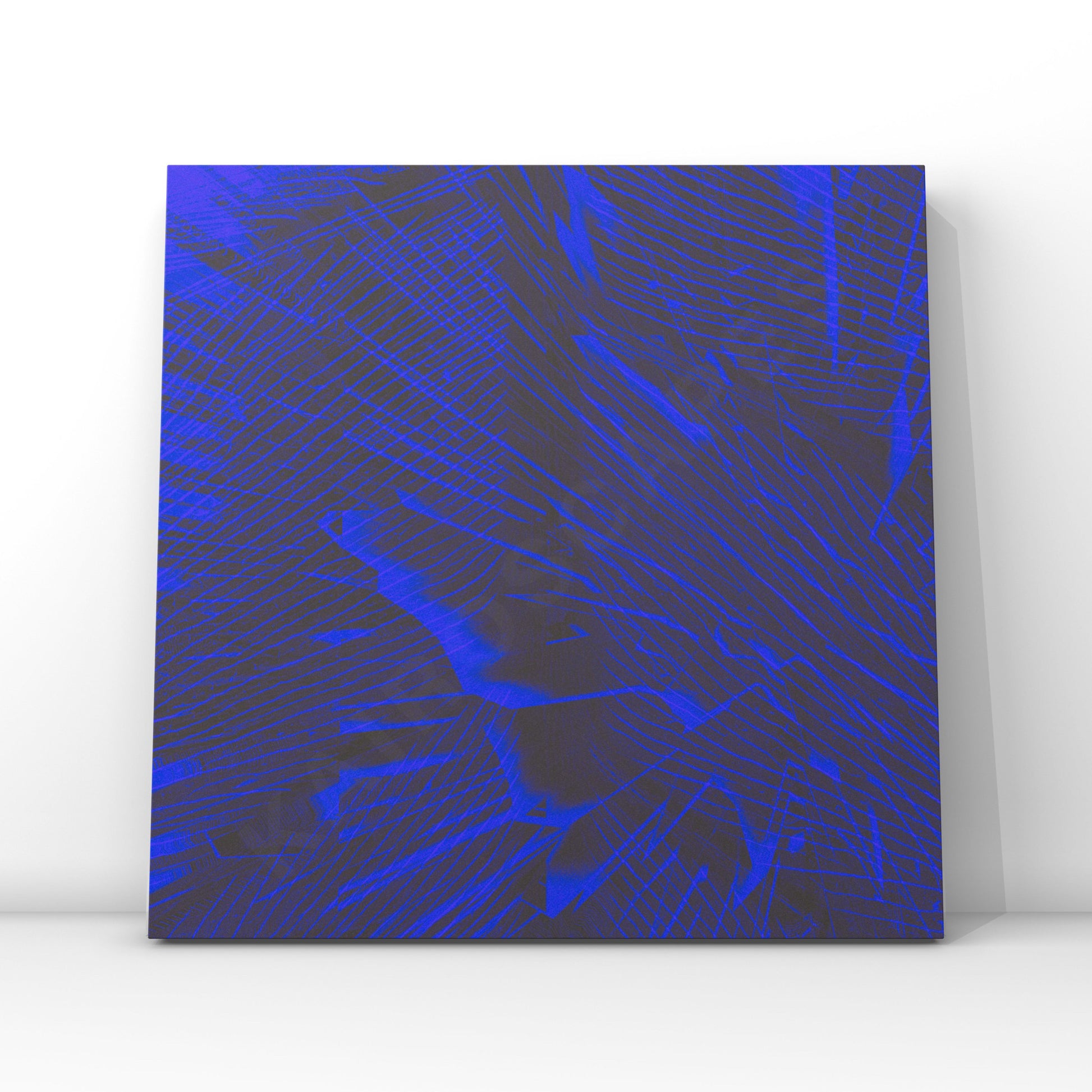 abstract artwork featuring deep blue lines on a dark backdrop, creating an intense, energetic composition with a sense of motion and texture. ideal for bold, electronic or techno music covers.