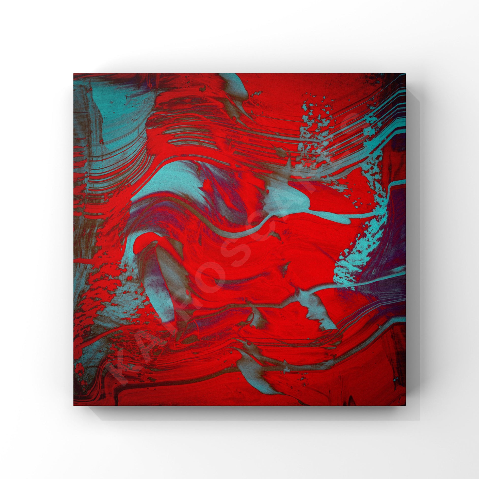 Square mockup of cover art displaying abstract painted swirl digital art in dark red and cyan blue, intended for music producers looking for unique cover designs.”