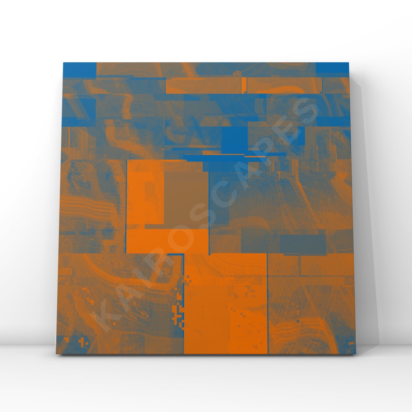 Mockup of a vinyl record cover featuring a dynamic futuristic collage with orange and blue abstract shapes, designed to attract musicians seeking unique cover art.