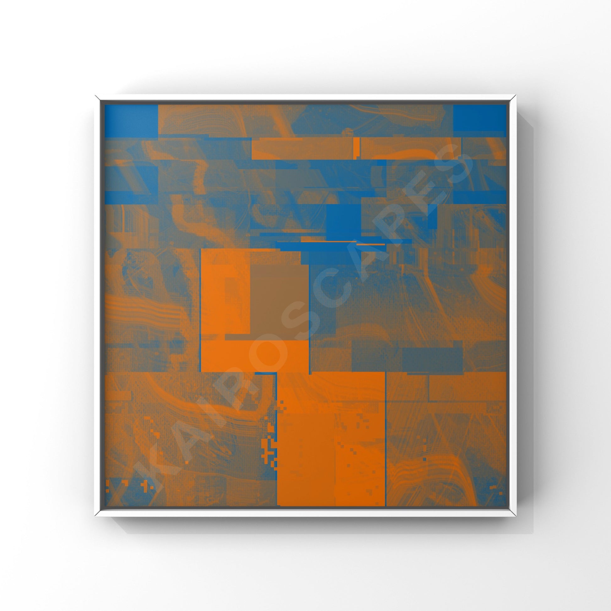 Mockup of a white-framed print showcasing a vibrant futuristic collage with orange and blue abstract shapes, appealing to musicians in need of distinctive cover art.