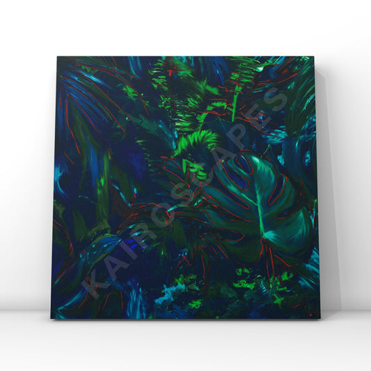 Mockup of a vinyl record cover showcasing enchanting blue jungle illustrative artwork, designed to attract musicians seeking vibrant and immersive cover art.