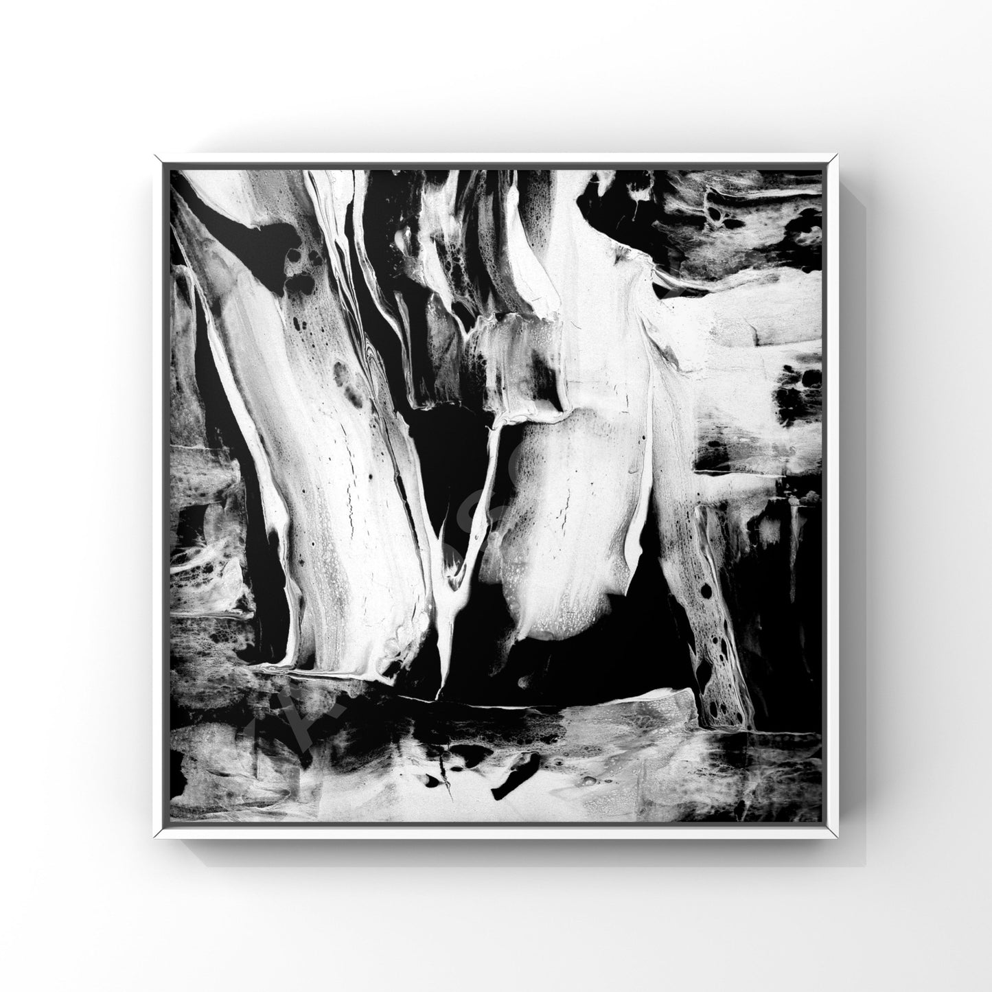 Abstract music album cover in monochrome with fluid, sweeping black and white strokes, designed for techno and experimental dark music genres. The chaotic and layered paint patterns create a visual depth, suggesting an intense, deep, and enigmatic auditory atmosphere.