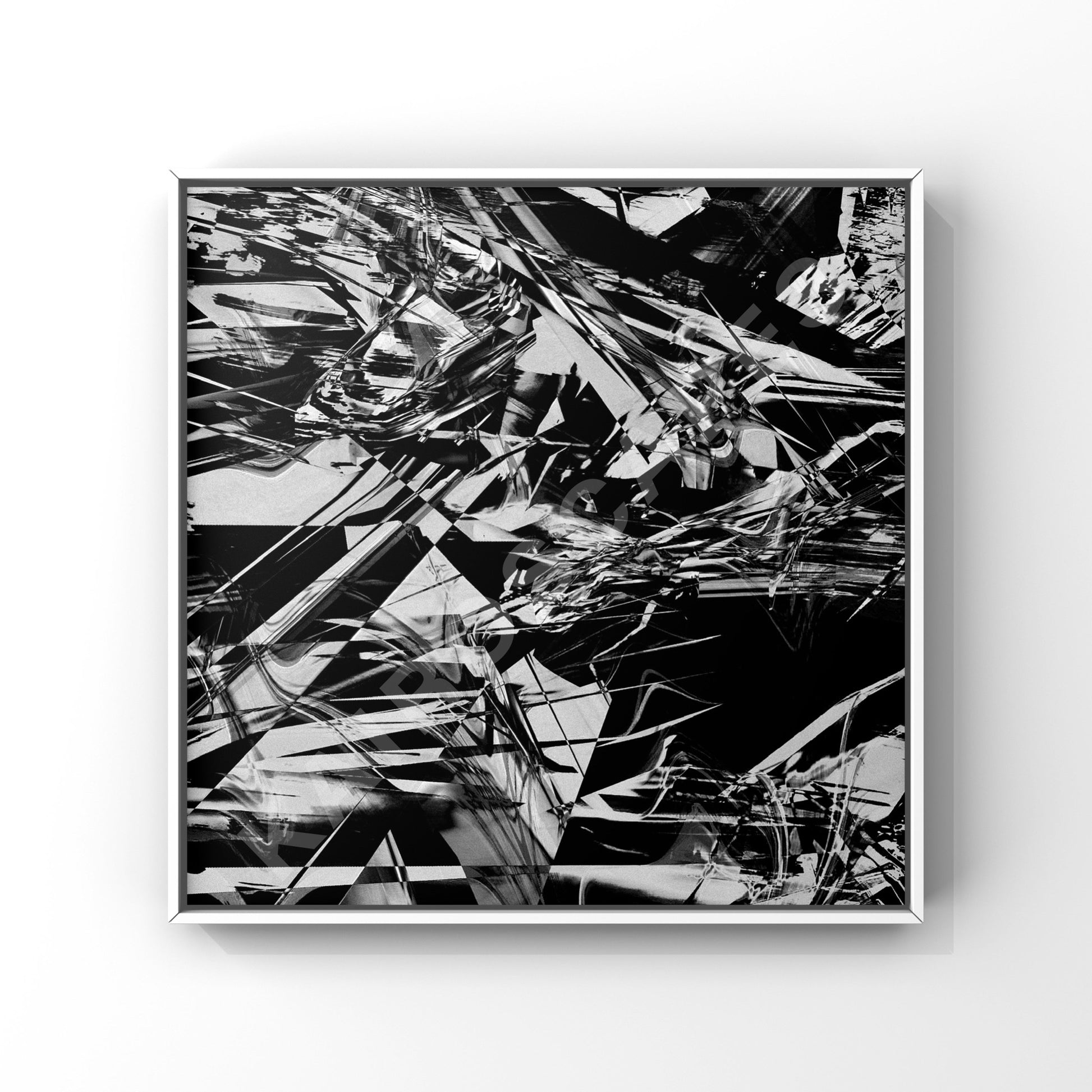 Mockup of a white-framed print showcasing striking monochrome jagged digital collage artwork, appealing to musicians in need of powerful visual representations for their music.