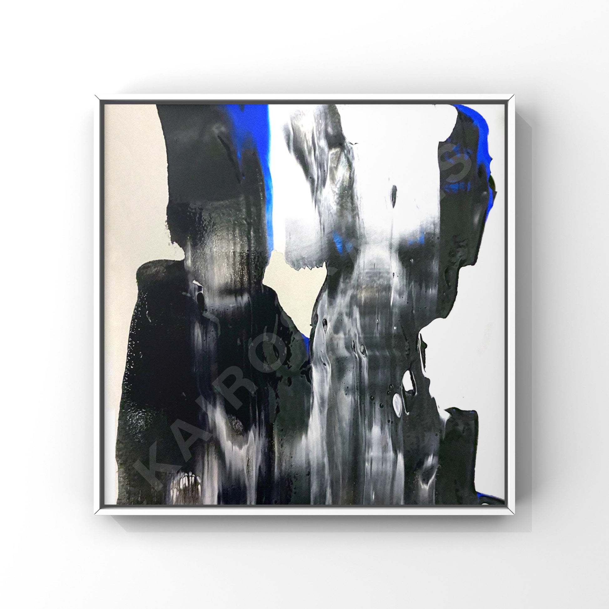 abstract artwork combining dark black tones with bright blue and white. the flowing textures and contrasts create a striking and edgy design, ideal for industrial, electronic, or alternative music covers.