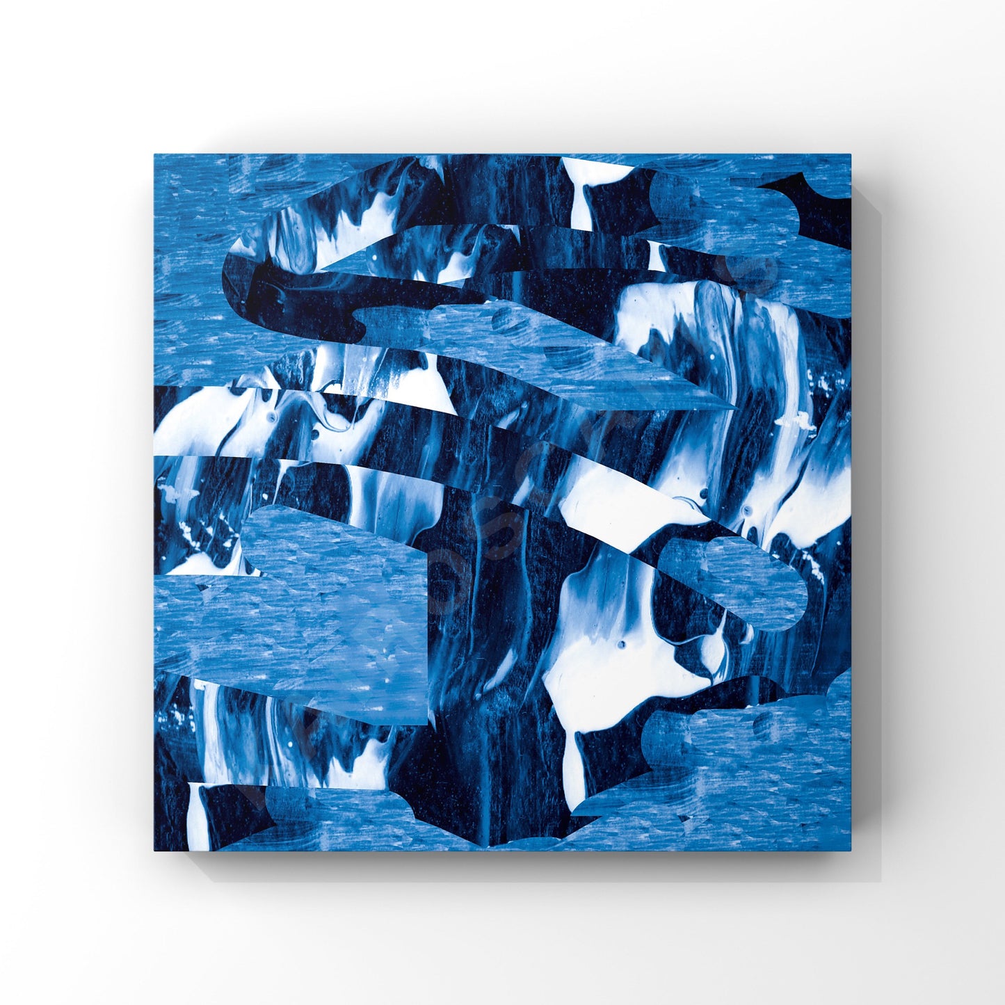 "Square mockup of cover art displaying textural glitch abstract artwork in dark blue, intended for musicians looking for unique cover designs."