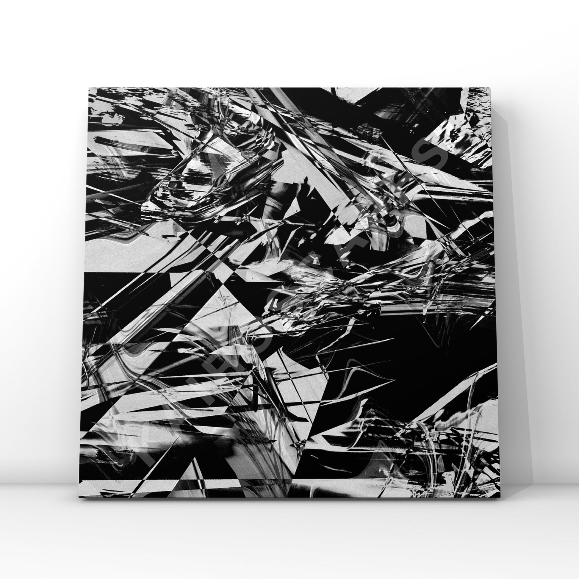 Mockup of a vinyl record cover featuring bold monochrome jagged digital collage artwork, designed to attract musicians seeking edgy and distinctive cover art.