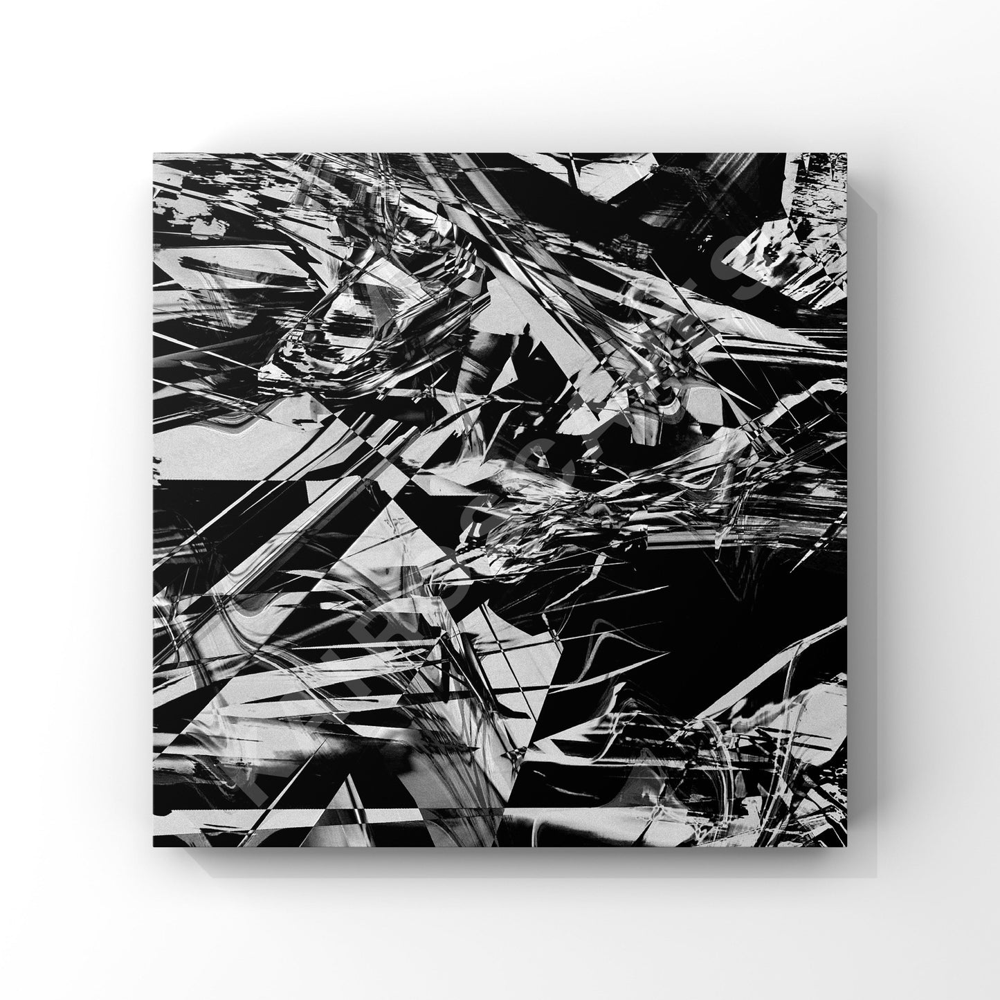 Square mockup of cover art displaying dynamic monochrome jagged digital collage, intended for musicians looking for impactful and unique cover designs.