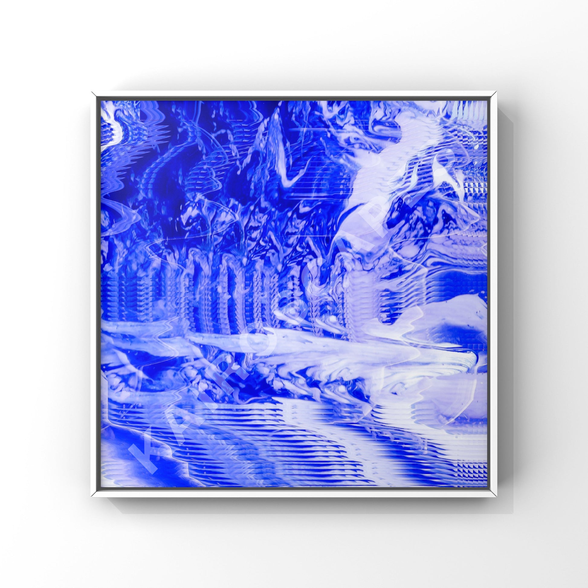 mockup of a white-framed print showcasing a captivating digital artwork piece with purple glitch effects, appealing to musicians in need of distinctive cover art.