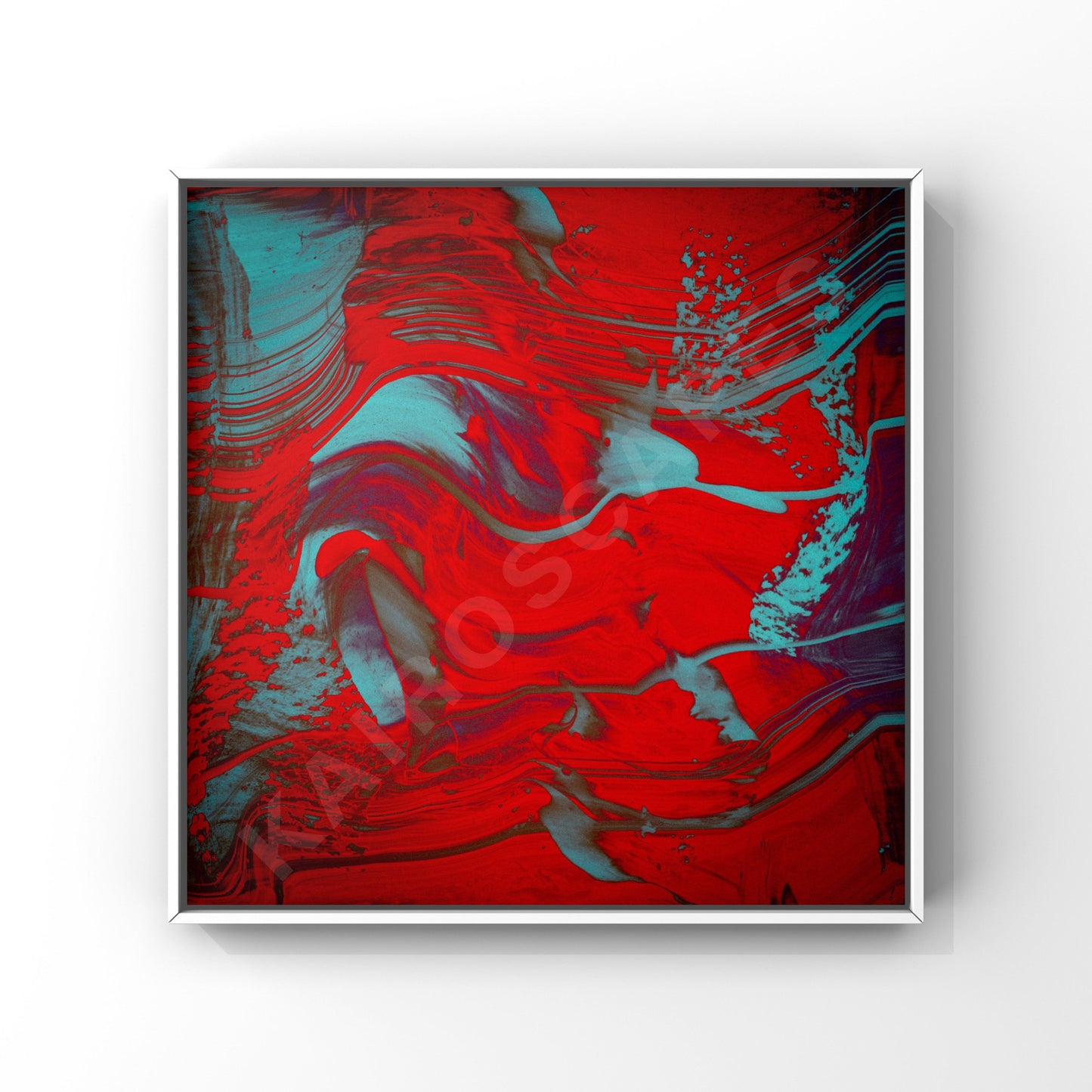 "Mockup of a white-framed print showcasing abstract painted swirl artwork in dark red and cyan blue, appealing to music producers in need of cover art.”