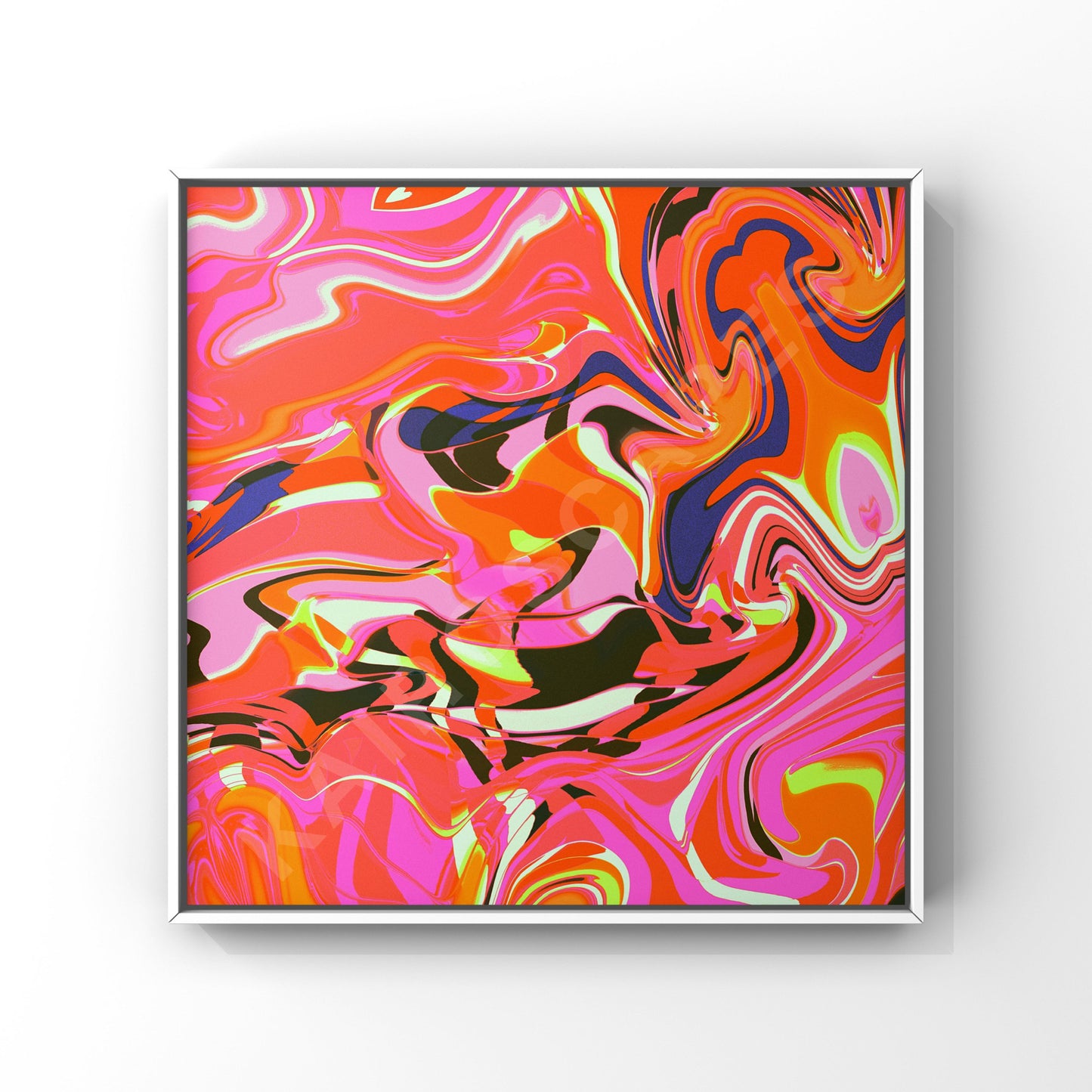 mockup of a white-framed print displaying lively pink retro swirl design, appealing to musicians in need of unique and engaging visual representations for their music.