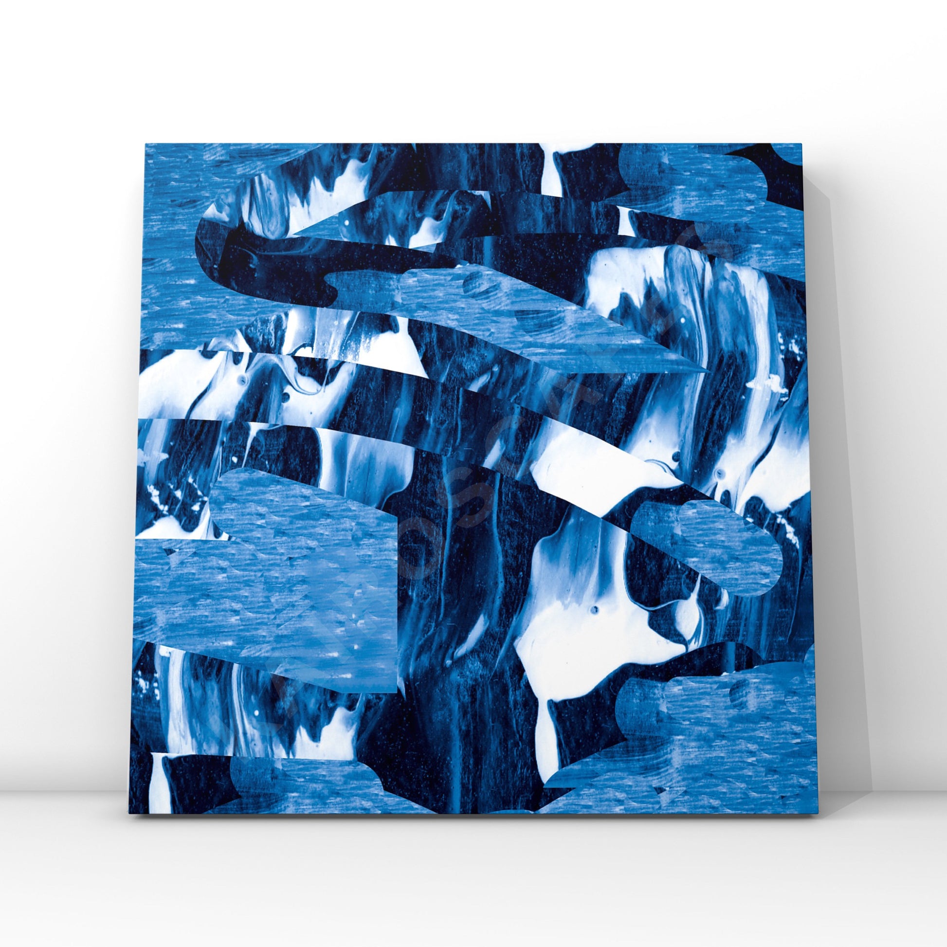 "Mockup of a vinyl record cover featuring textural glitch abstract artwork in dark blue, designed to attract musicians seeking cover art."