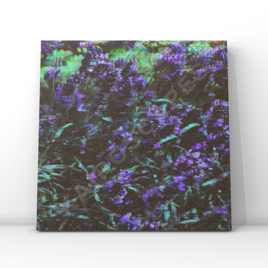 Mockup of a vinyl record cover featuring a pixelated design of vibrant purple flowers set in a natural environment, tailored to attract musicians seeking a unique and artistic cover that complements their sound.