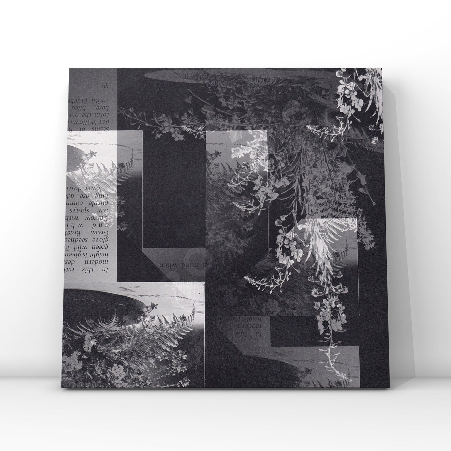 Mockup of a vinyl record cover featuring a captivating black and white vintage flower book collage with geometric layers, designed to attract musicians seeking an elegant and artistic cover design.