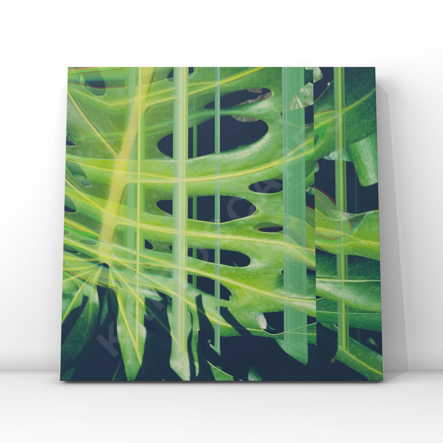 abstract artwork featuring bright green leaves with geometric lines layered on top. the vibrant green tones create a lively, nature-inspired composition, ideal for music covers in ambient, electronic, or organic sound genres.